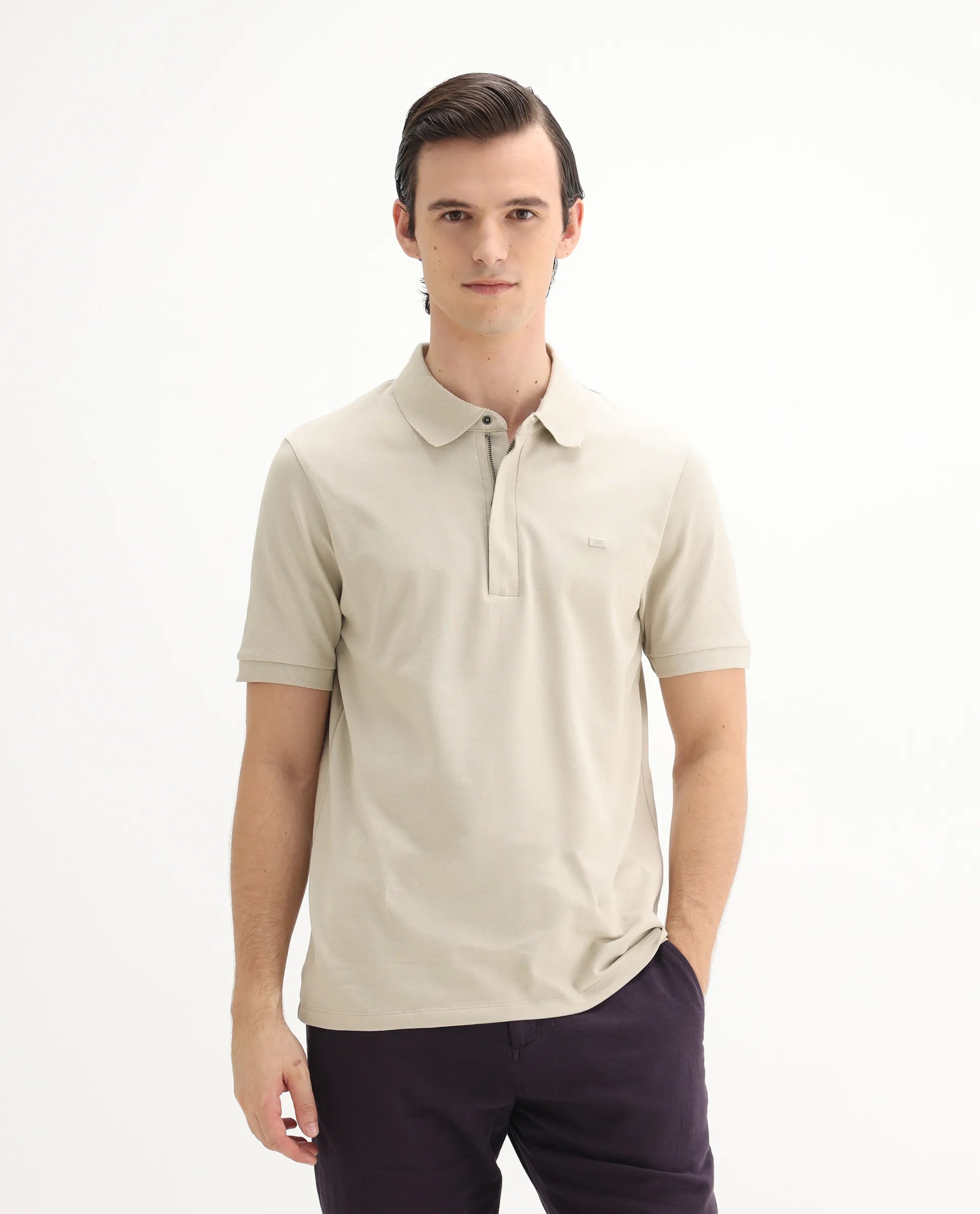 Rare Rabbit Men's Salis-25 Beige Cotton Plain Regular Fit Half Sleeve Polo