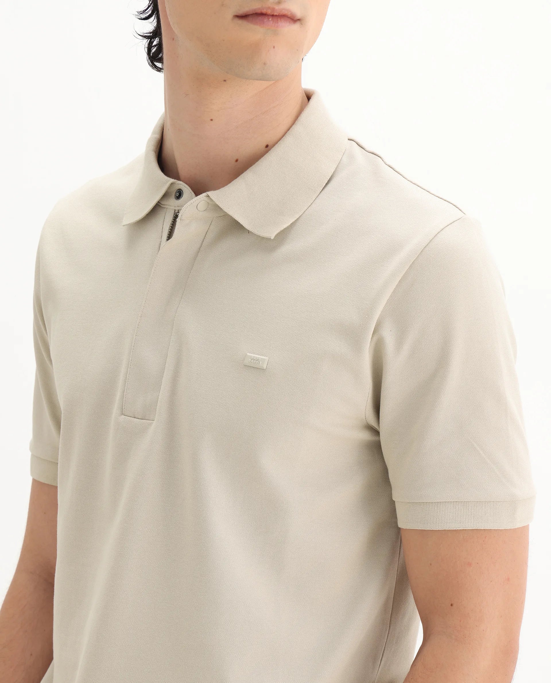 Rare Rabbit Men's Salis-25 Beige Cotton Plain Regular Fit Half Sleeve Polo