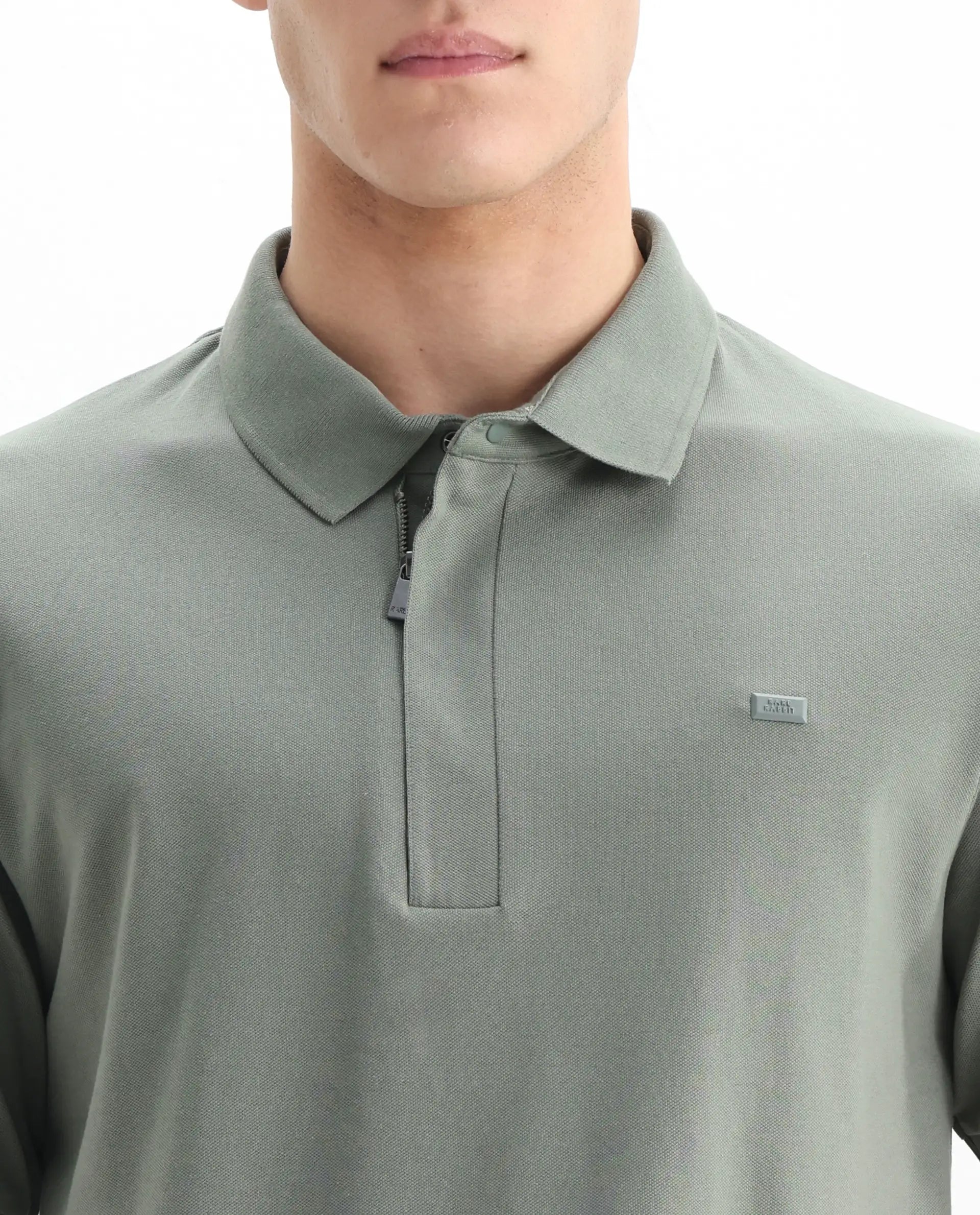 Rare Rabbit Men's Salis-2 Dusky Green Cotton Plain Regular Fit Half Sleeve Polo