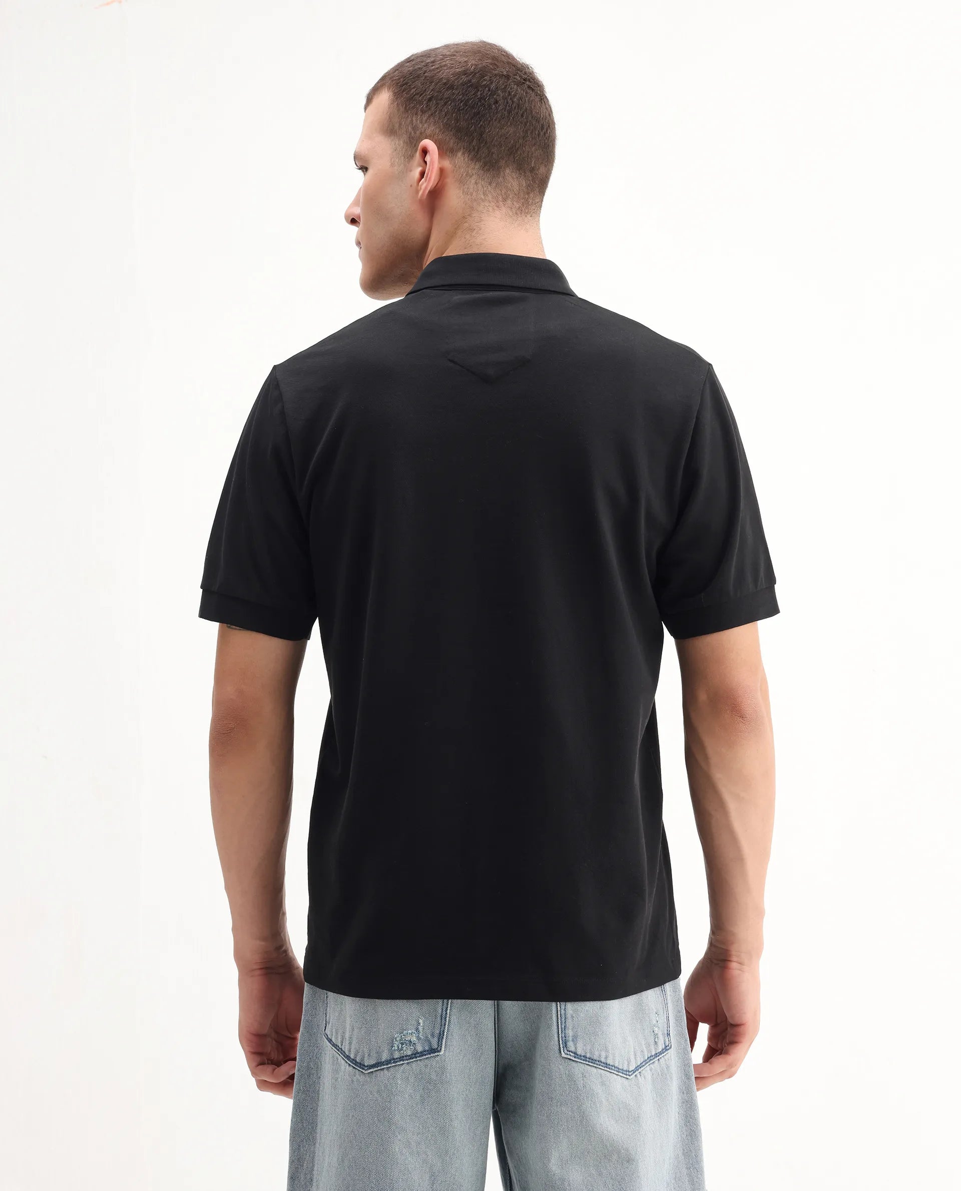 Rare Rabbit Men's Salis-A25 Black Cotton Blend Plain Regular Fit Half Sleeve Polo