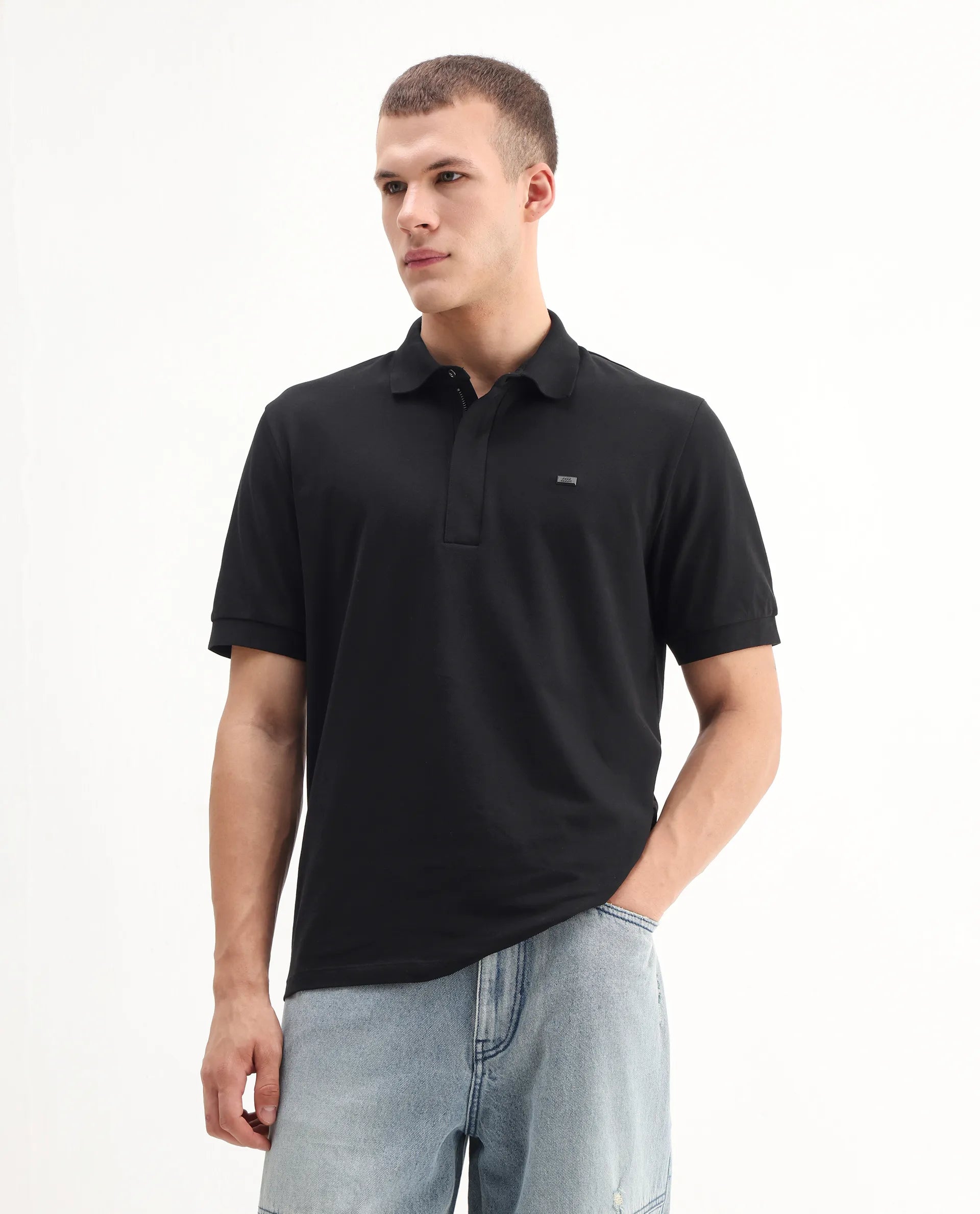Rare Rabbit Men's Salis-A25 Black Cotton Blend Plain Regular Fit Half Sleeve Polo