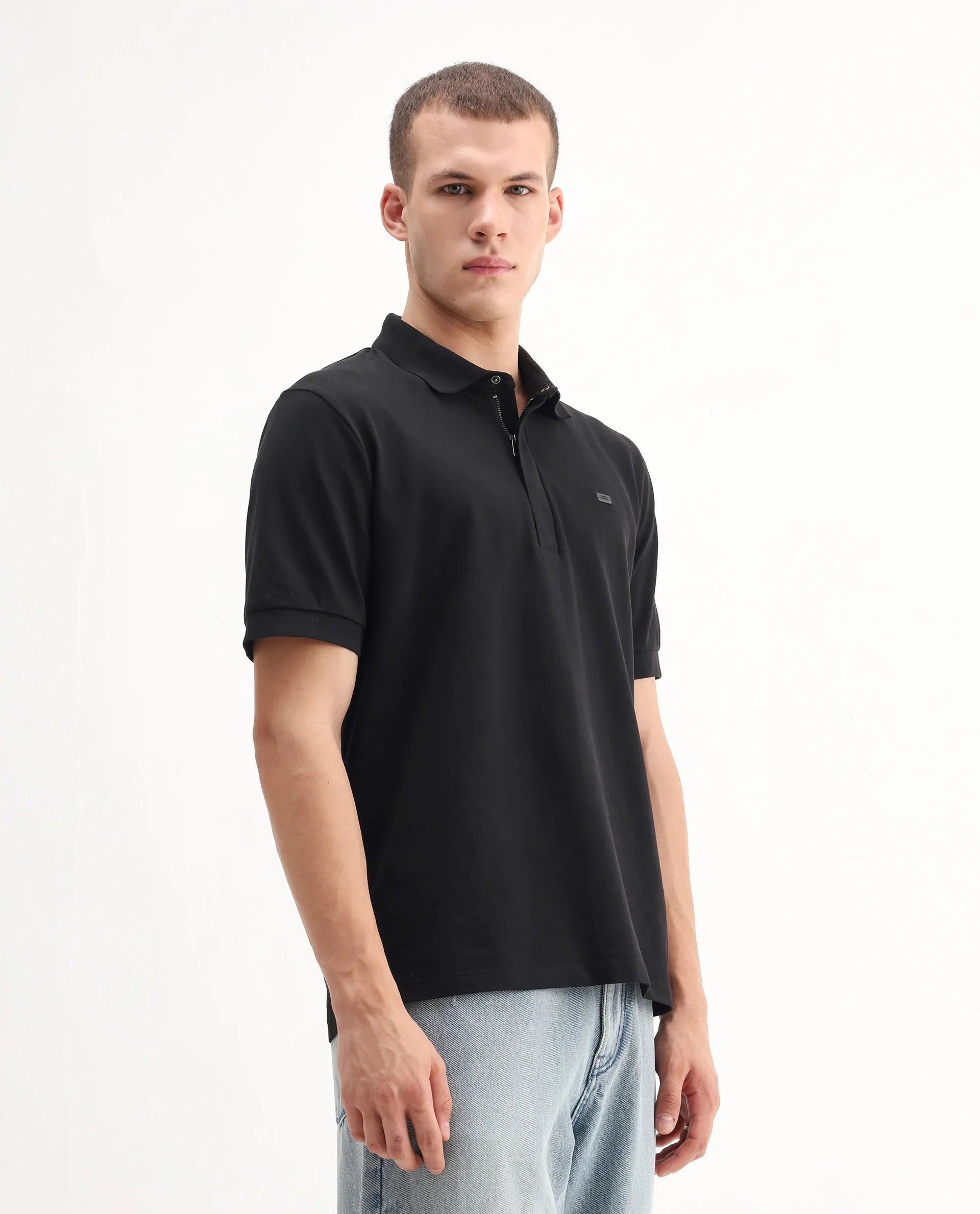 Rare Rabbit Men's Salis-A25 Black Cotton Blend Plain Regular Fit Half Sleeve Polo
