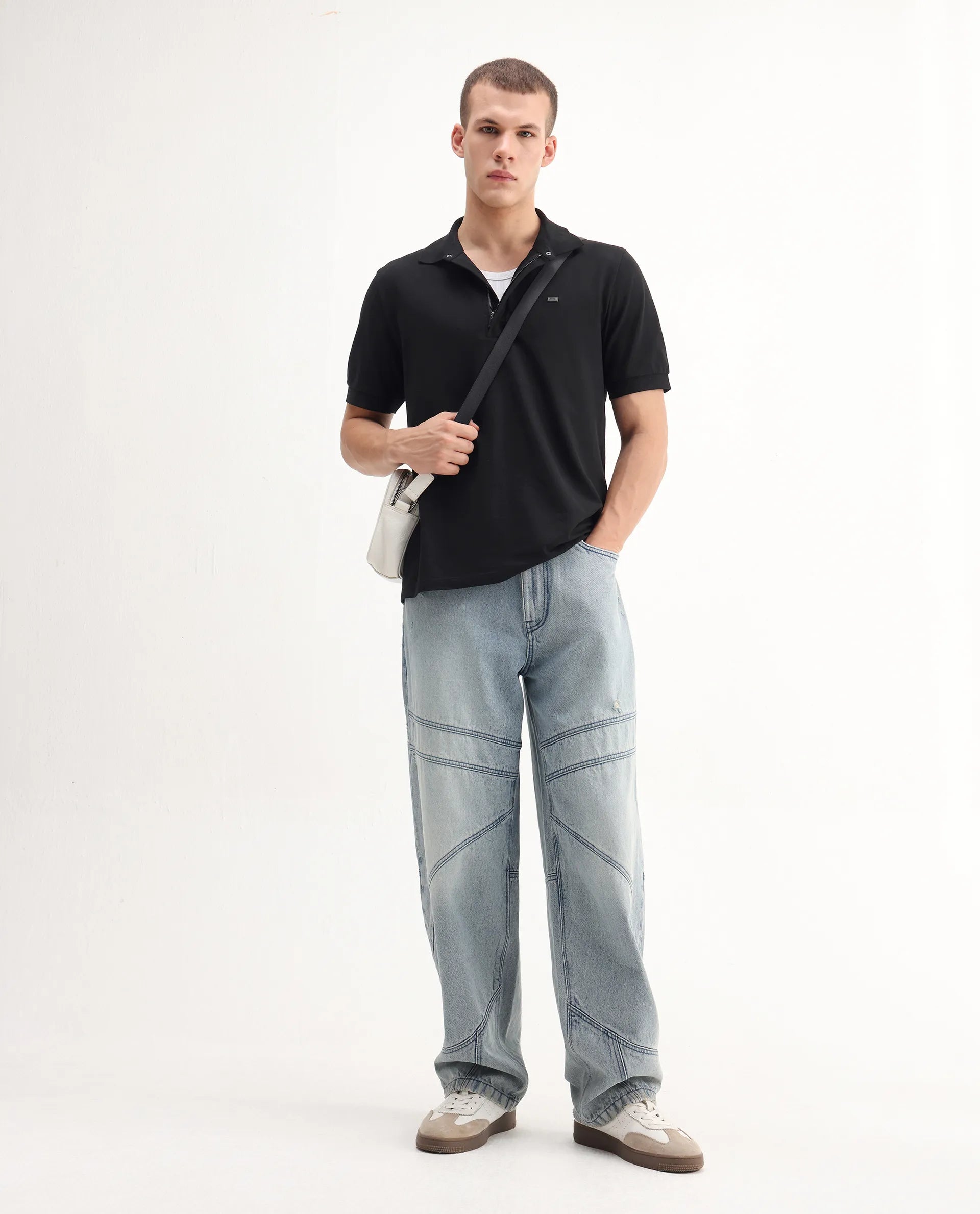 Rare Rabbit Men's Salis-A25 Black Cotton Blend Plain Regular Fit Half Sleeve Polo