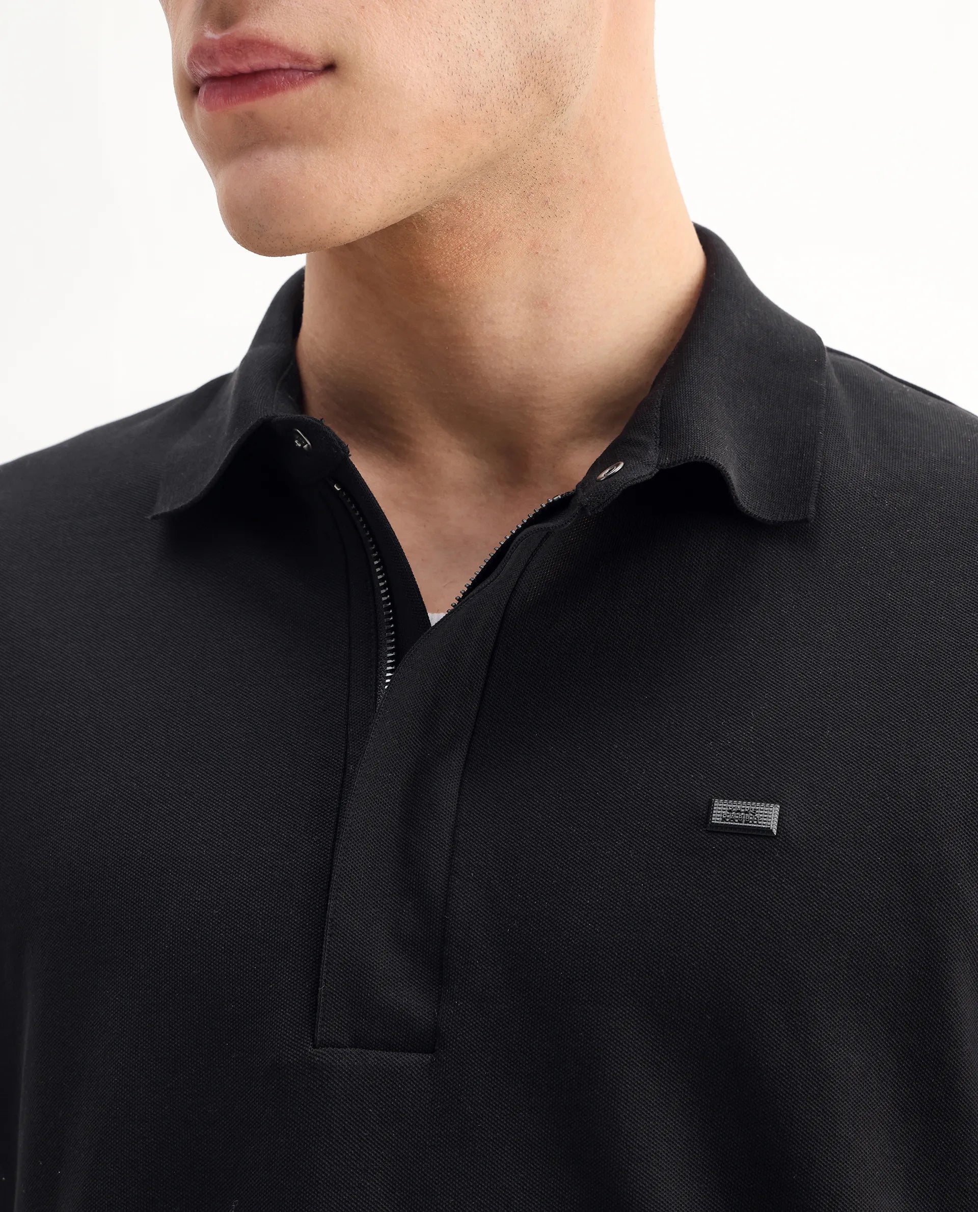Rare Rabbit Men's Salis-A25 Black Cotton Blend Plain Regular Fit Half Sleeve Polo