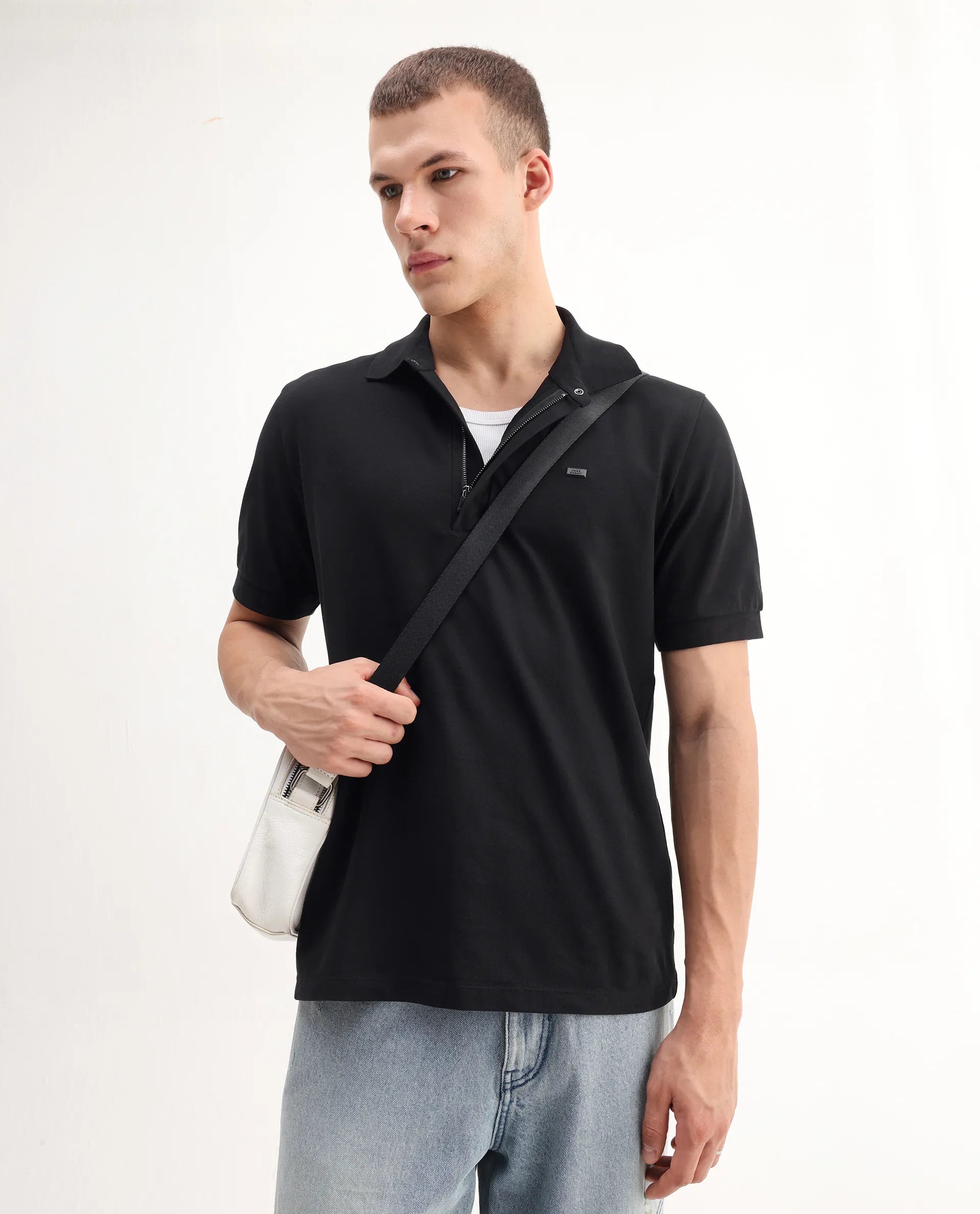 Rare Rabbit Men's Salis-A25 Black Cotton Blend Plain Regular Fit Half Sleeve Polo