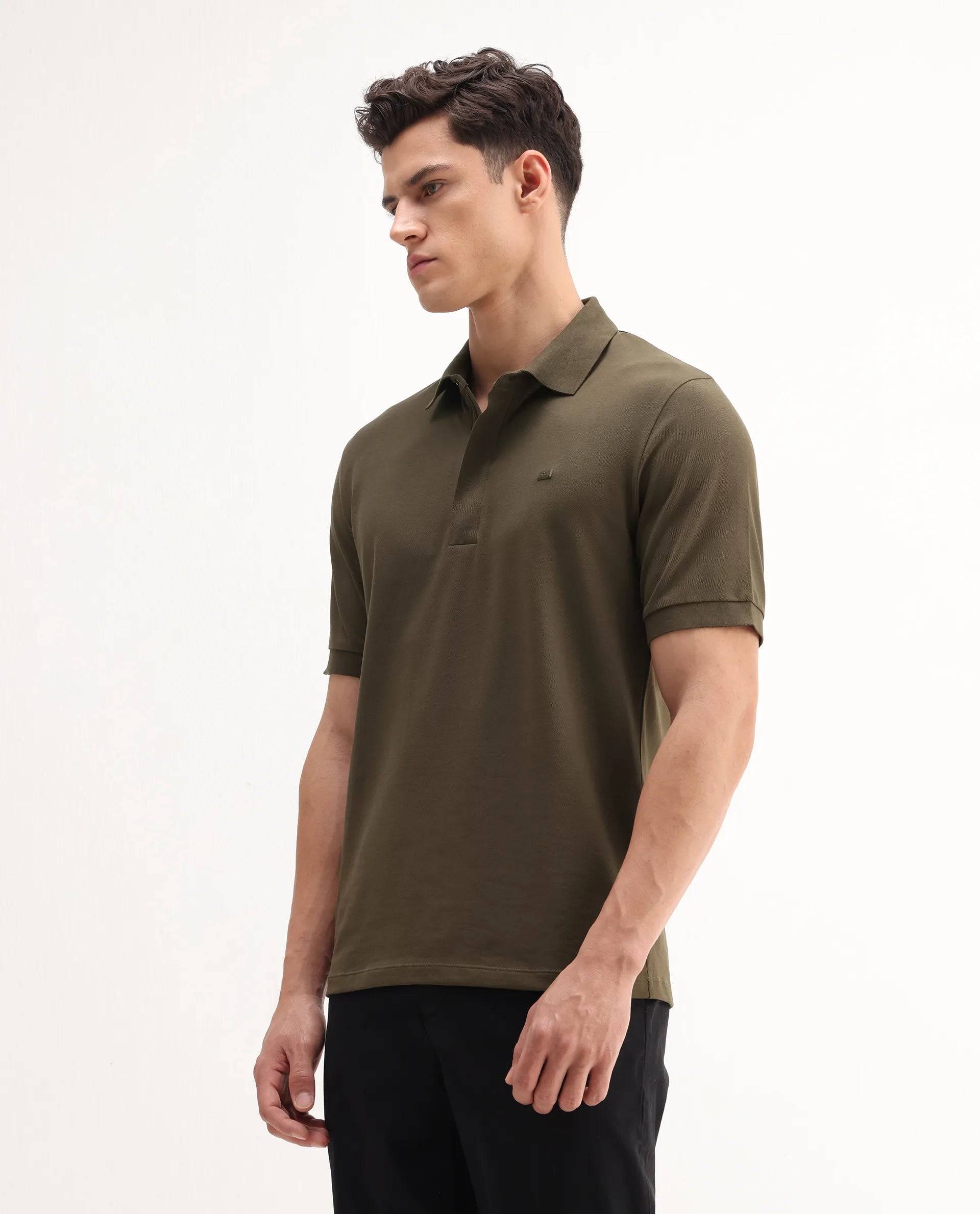 Rare Rabbit Men's Salis-A25 Dark Olive Cotton Blend Plain Regular Fit Half Sleeve Polo