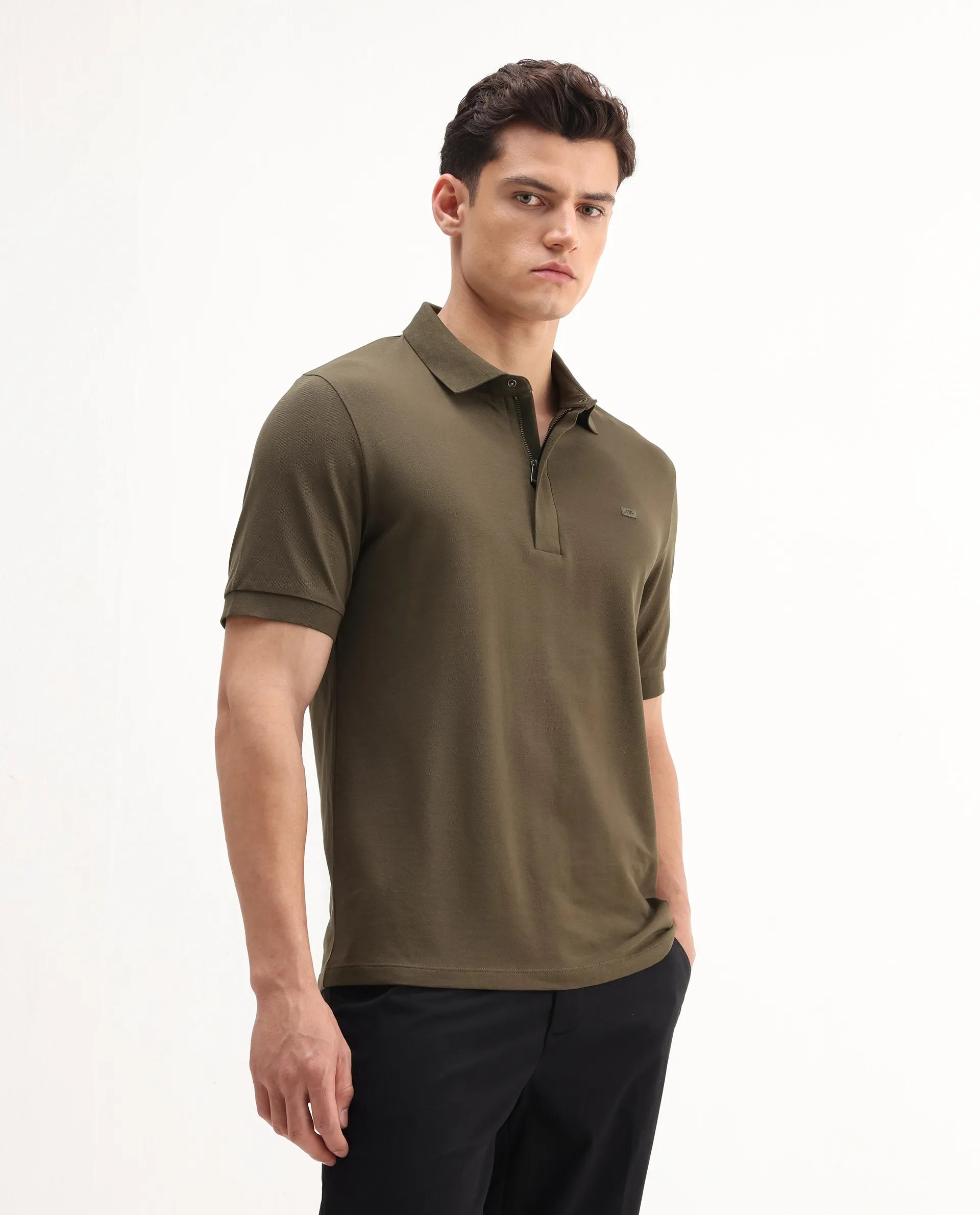 Rare Rabbit Men's Salis-A25 Dark Olive Cotton Blend Plain Regular Fit Half Sleeve Polo