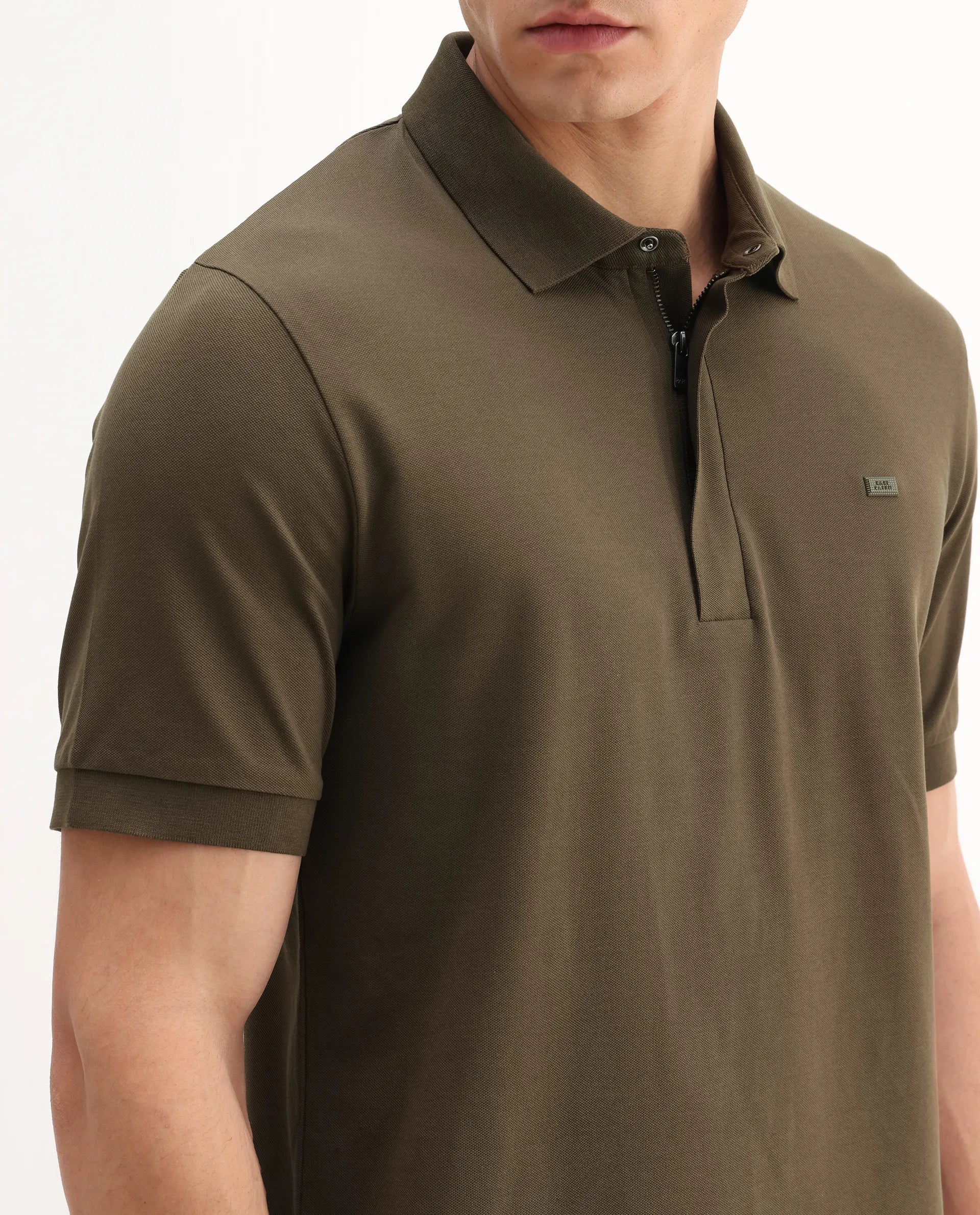Rare Rabbit Men's Salis-A25 Dark Olive Cotton Blend Plain Regular Fit Half Sleeve Polo