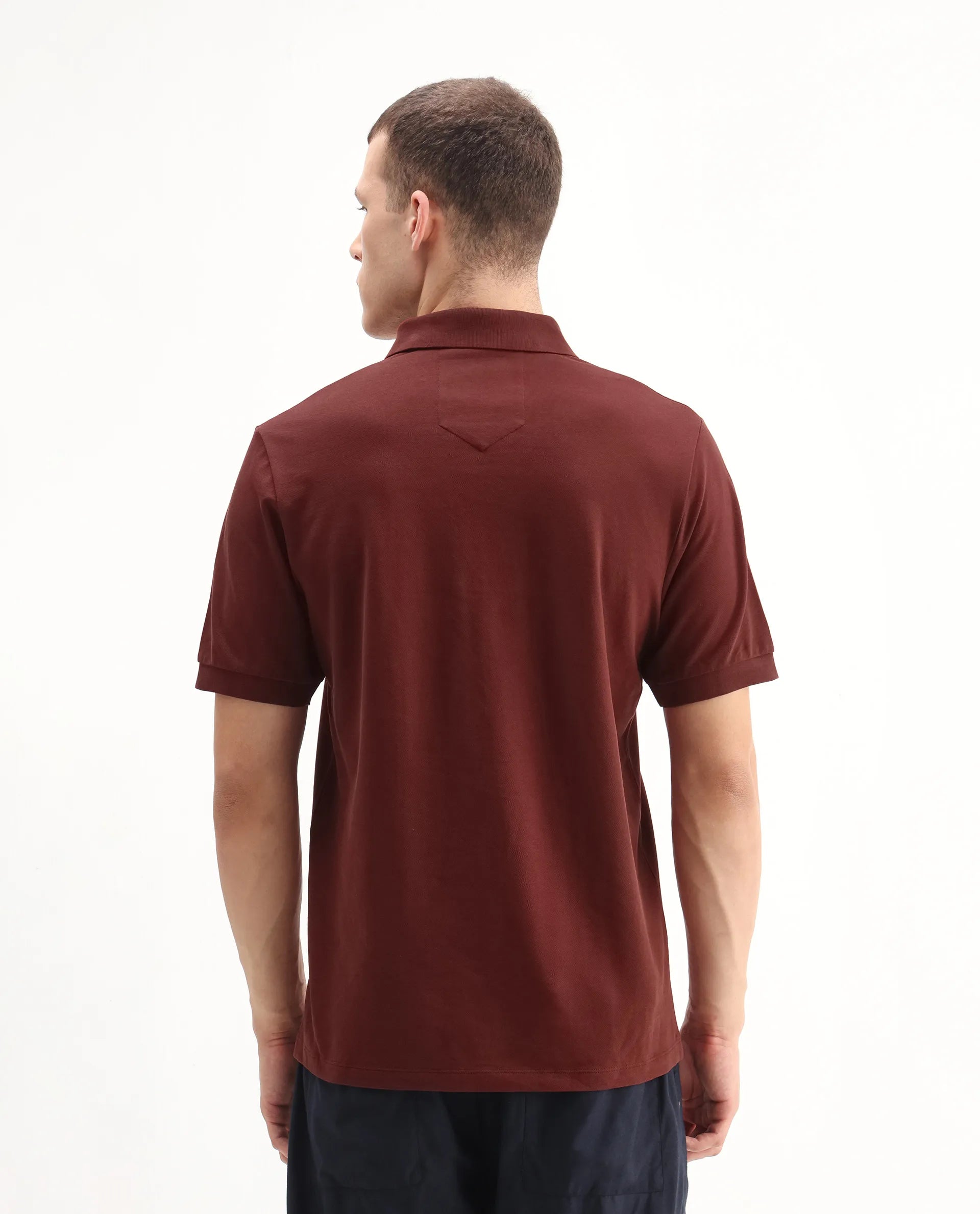 Rare Rabbit Men's Salis-A25 Dark Rust Cotton Blend Fabric Half Sleeve Spread Collar Plain Polo