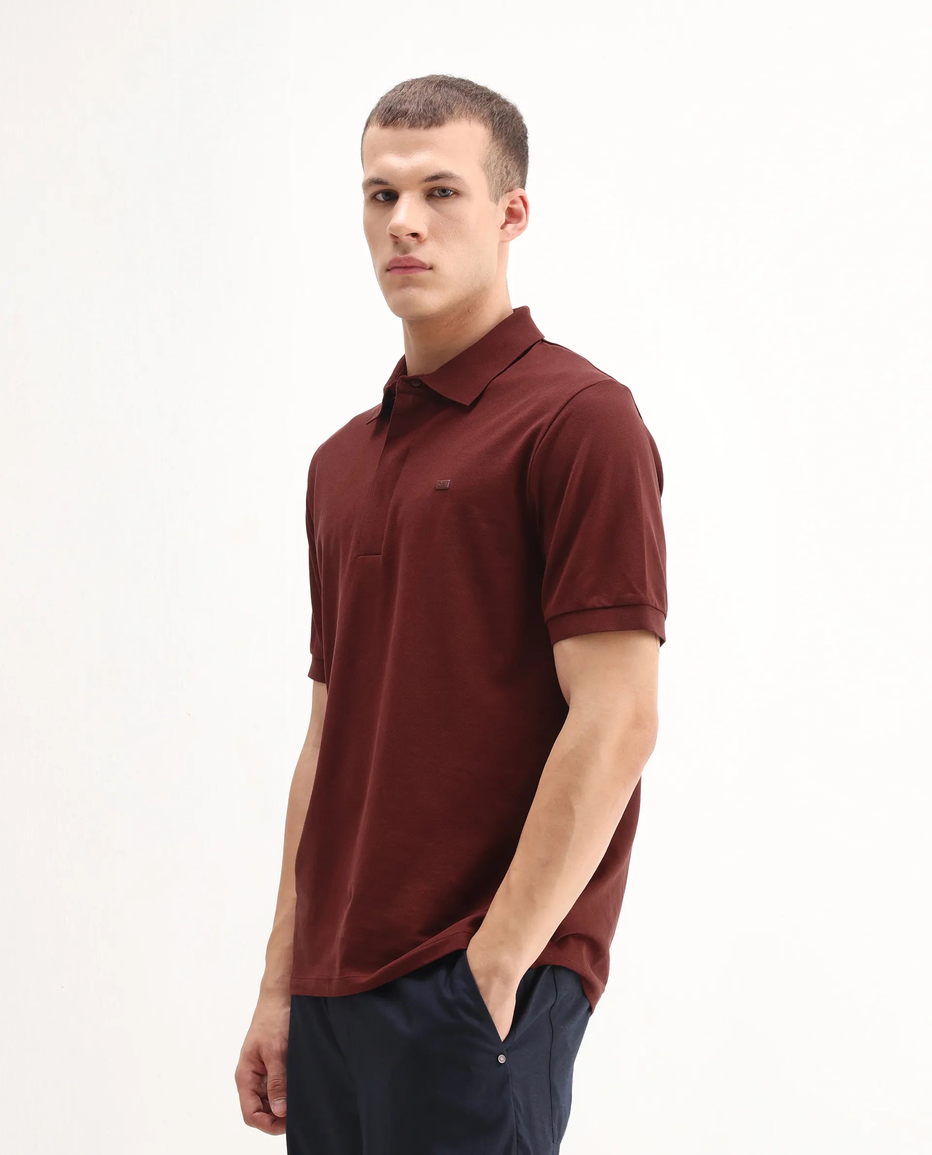 Rare Rabbit Men's Salis-A25 Dark Rust Cotton Blend Fabric Half Sleeve Spread Collar Plain Polo