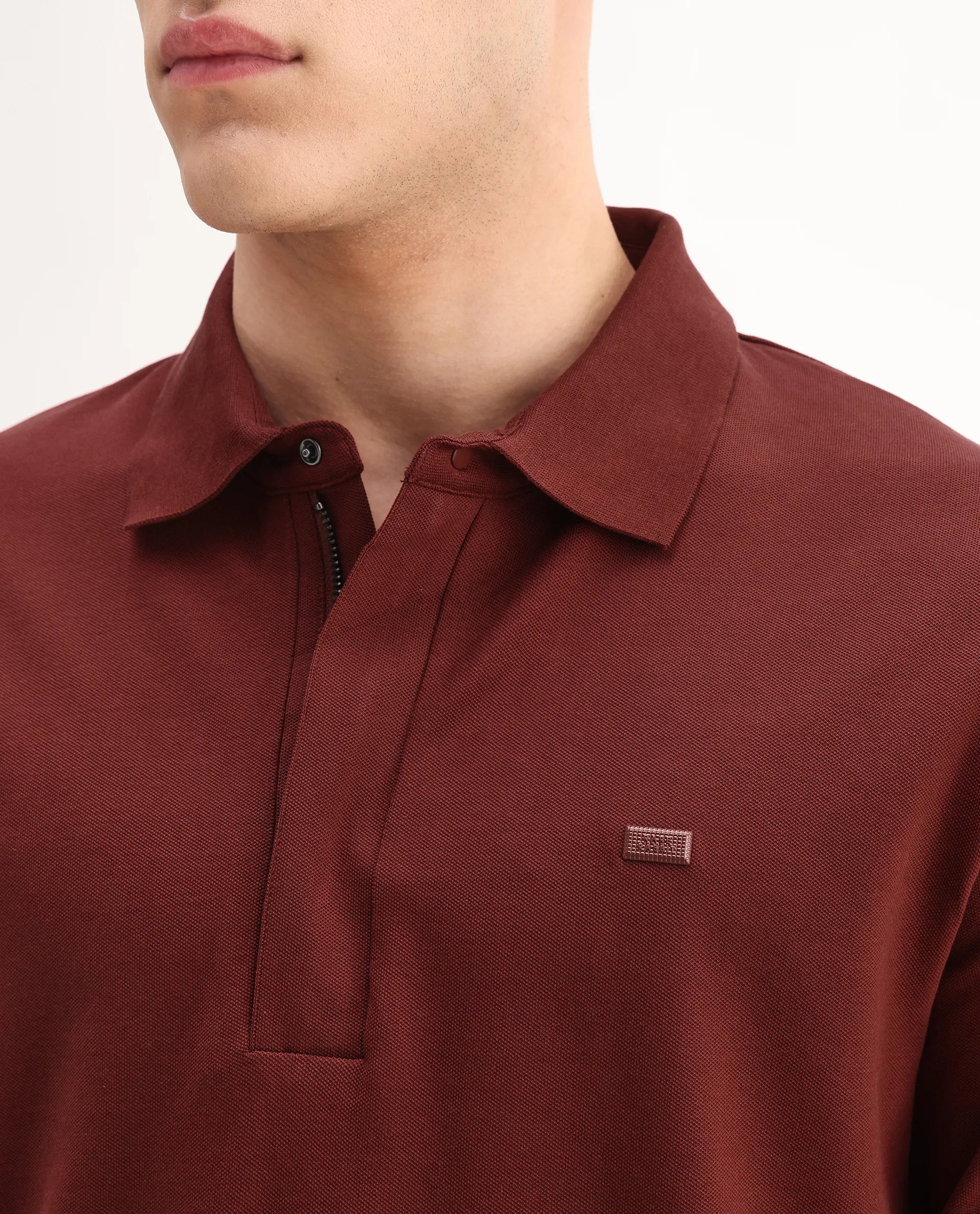 Rare Rabbit Men's Salis-A25 Dark Rust Cotton Blend Fabric Half Sleeve Spread Collar Plain Polo