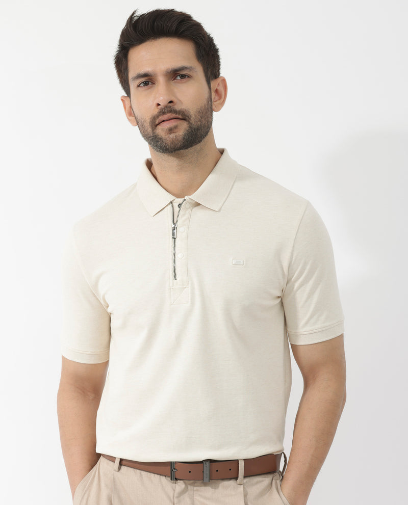 Rare Rabbit Men's Salismel Beige Half Sleeves Solid Polo T-Shirt