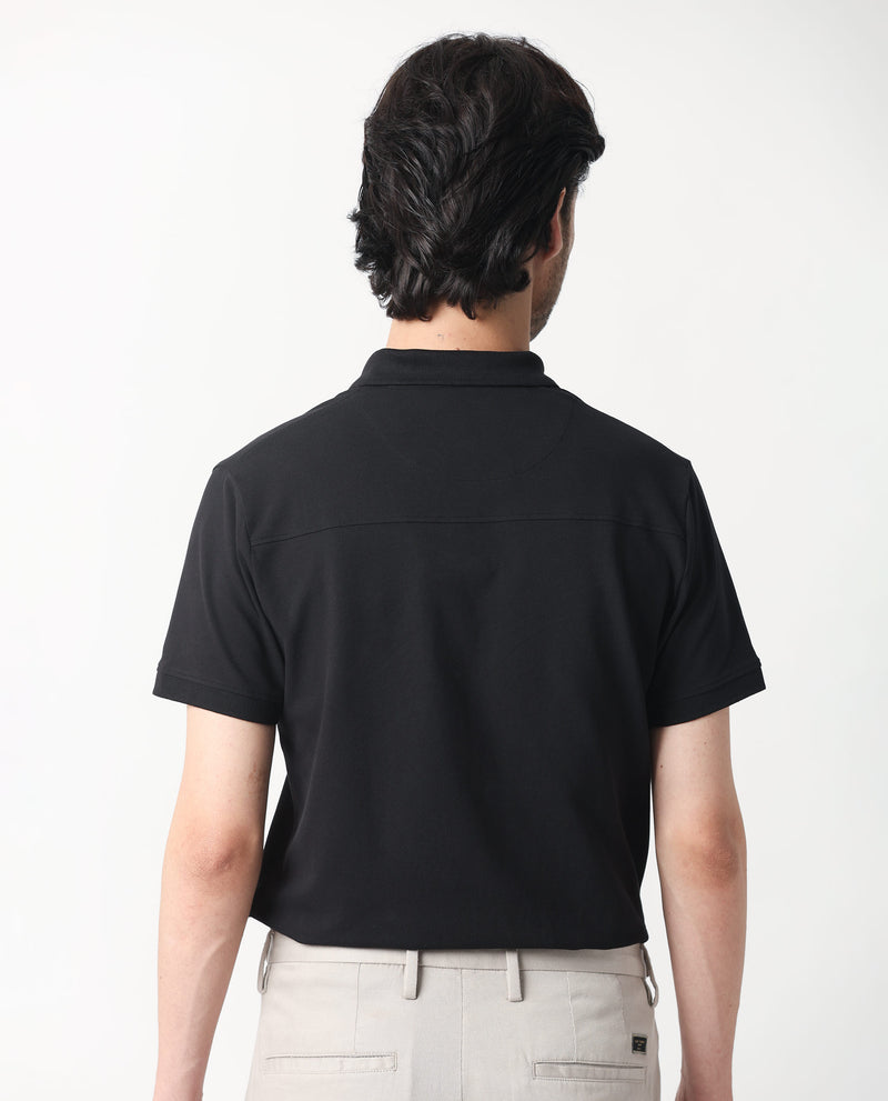 Rare Rabbit Men's Saliso Black Cotton Fabric Collared Neck Zipper and Snap Button Closure Half Sleeve Polo T-Shirt