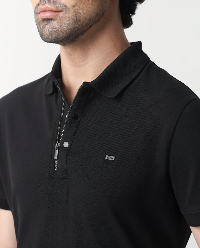 Rare Rabbit Men's Saliso Black Cotton Fabric Collared Neck Zipper and Snap Button Closure Half Sleeve Polo T-Shirt