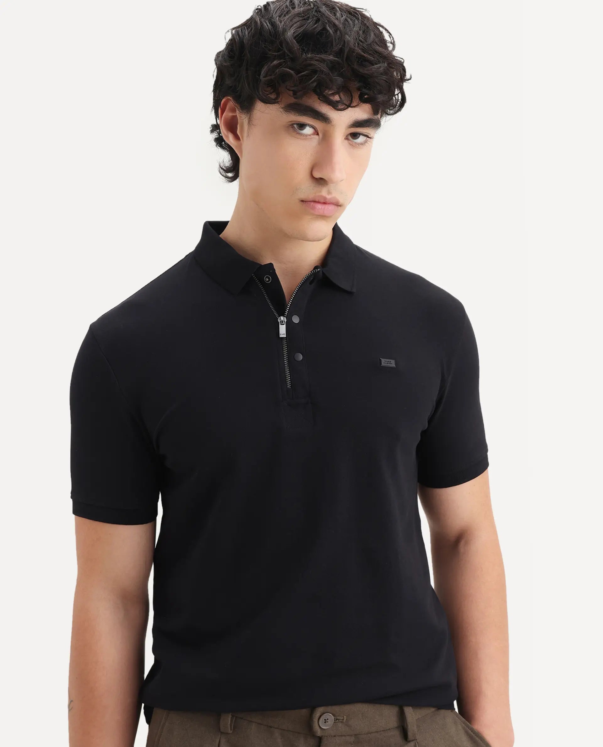 Rare Rabbit Men's Saliso Black Cotton Plain Regular Fit Half Sleeve Polo