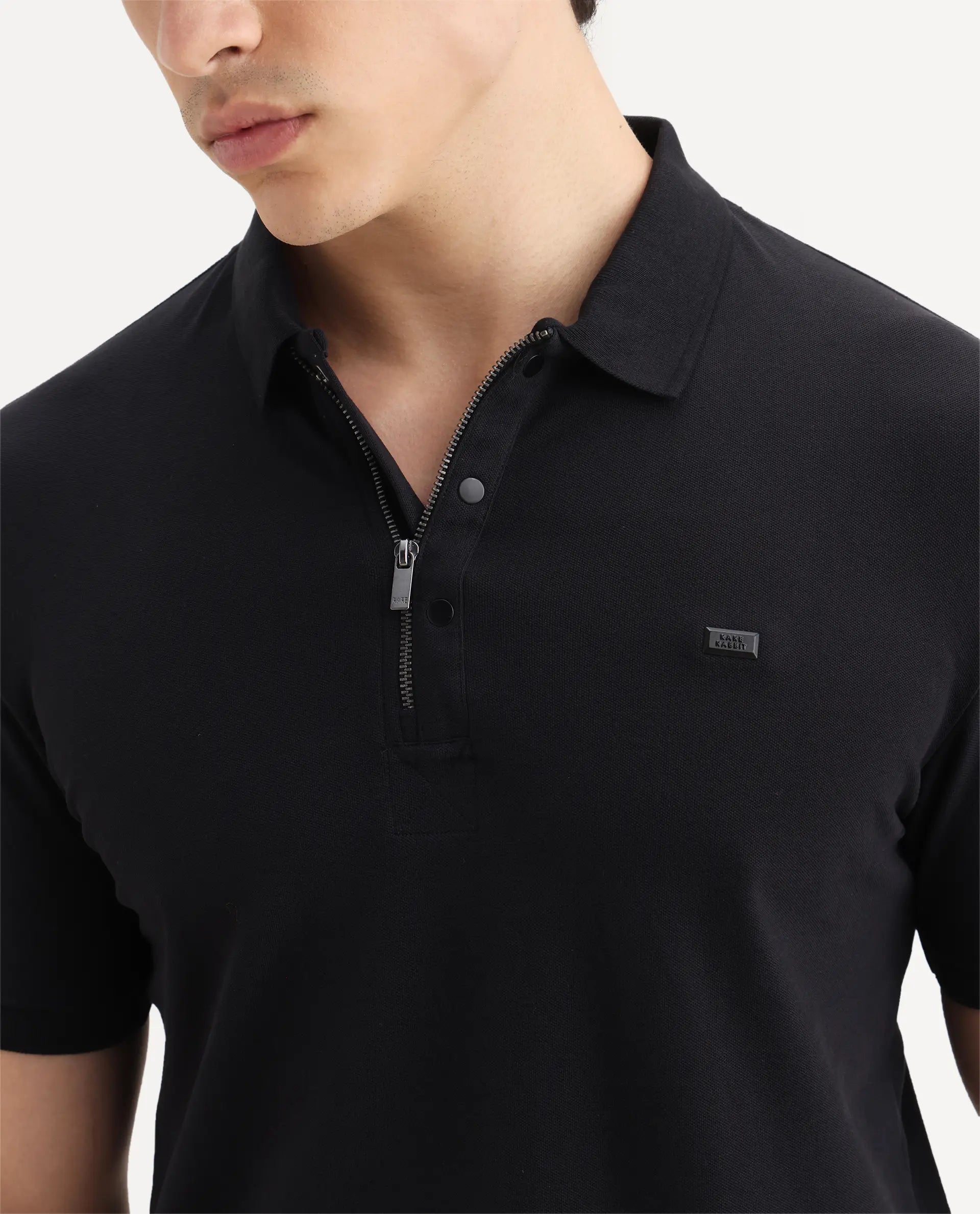 Rare Rabbit Men's Saliso Black Cotton Plain Regular Fit Half Sleeve Polo