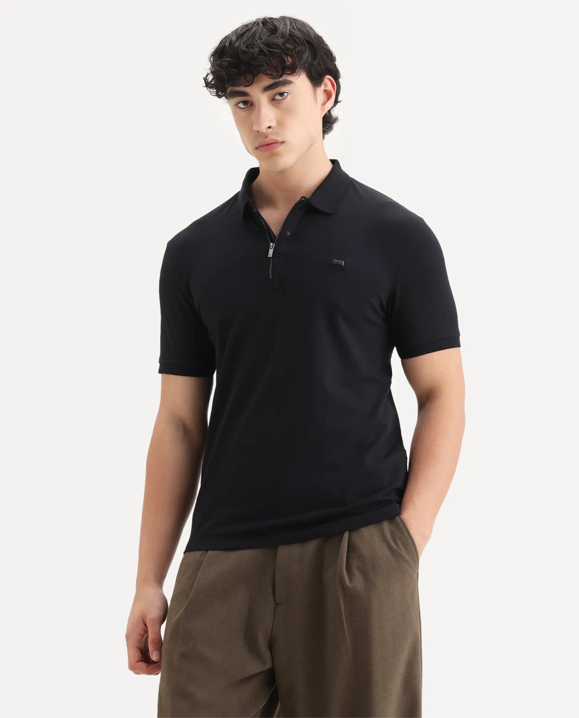 Rare Rabbit Men's Saliso Black Cotton Plain Regular Fit Half Sleeve Polo