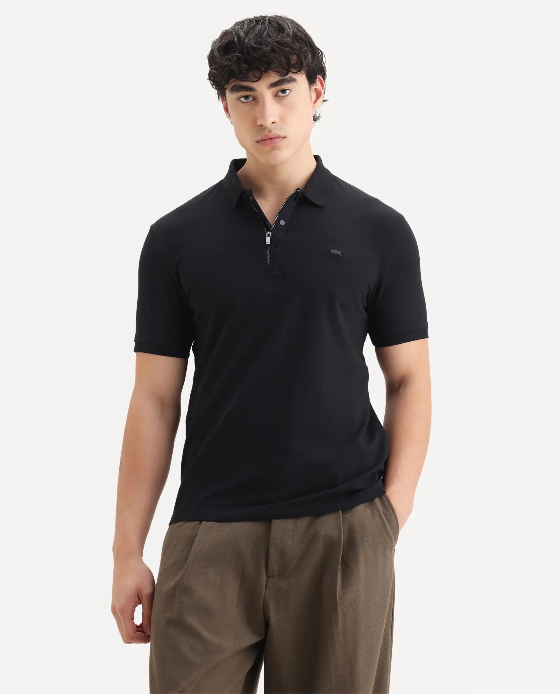 Rare Rabbit Men's Saliso Black Cotton Plain Regular Fit Half Sleeve Polo