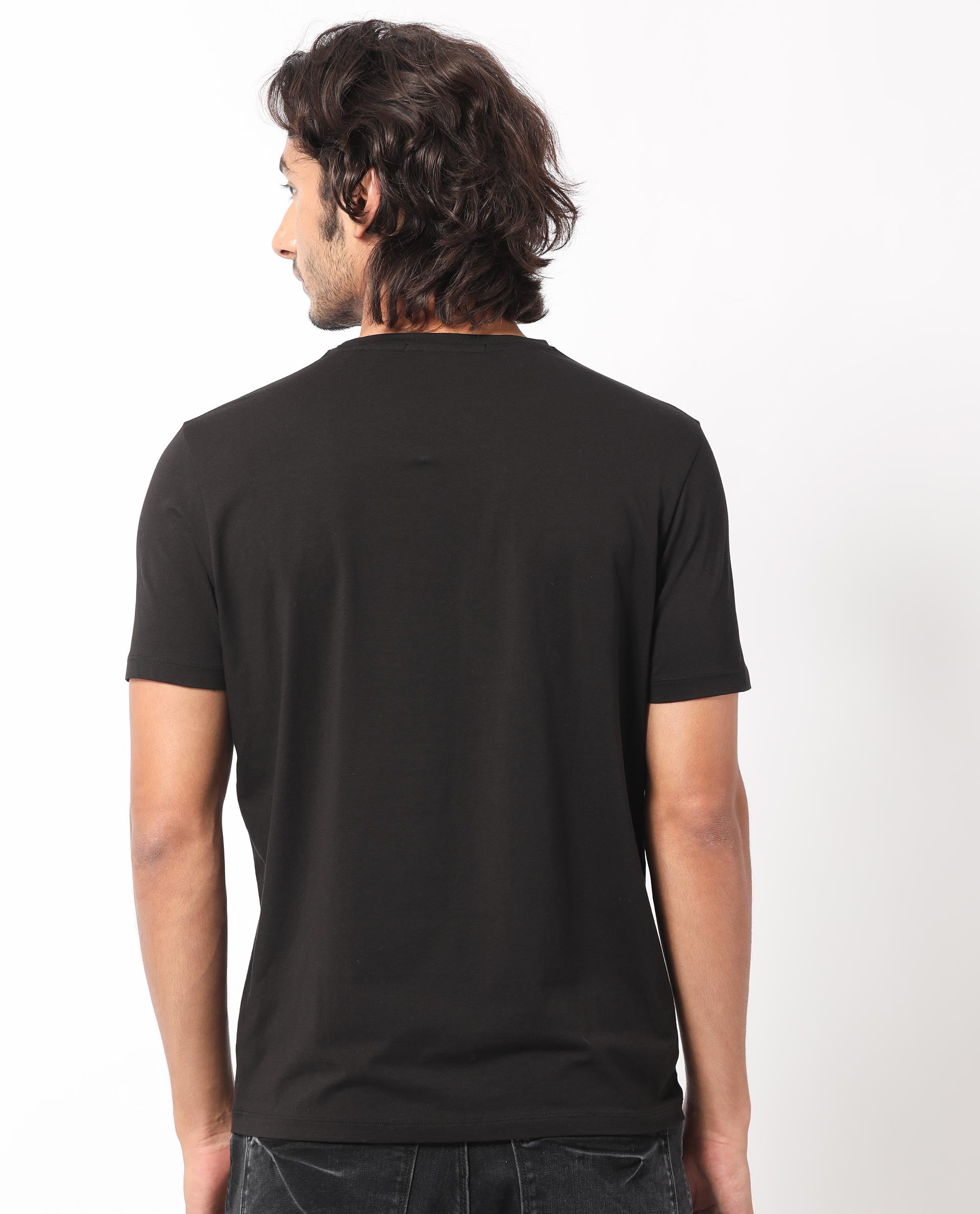 Rare Rabbit Men's Salta Black Crew Neck Half Sleeves Regular Fit Flock Branding Graphic Print T-Shirt