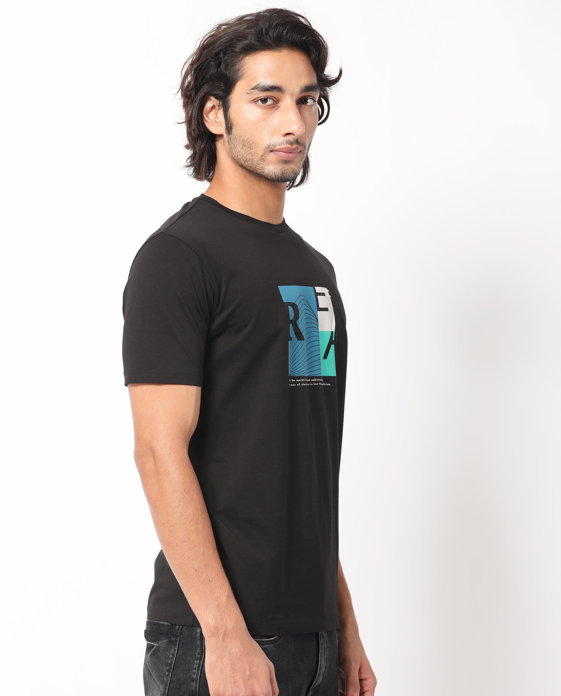 Rare Rabbit Men's Salta Black Crew Neck Half Sleeves Regular Fit Flock Branding Graphic Print T-Shirt