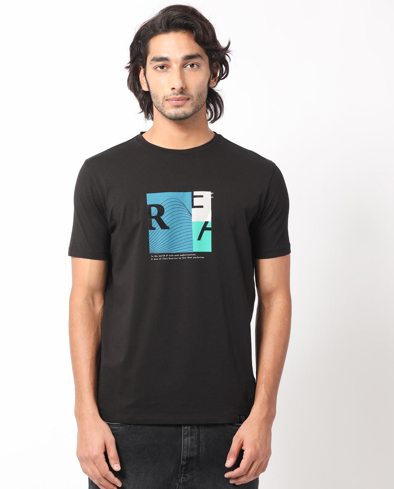 Rare Rabbit Men's Salta Black Crew Neck Half Sleeves Regular Fit Flock Branding Graphic Print T-Shirt