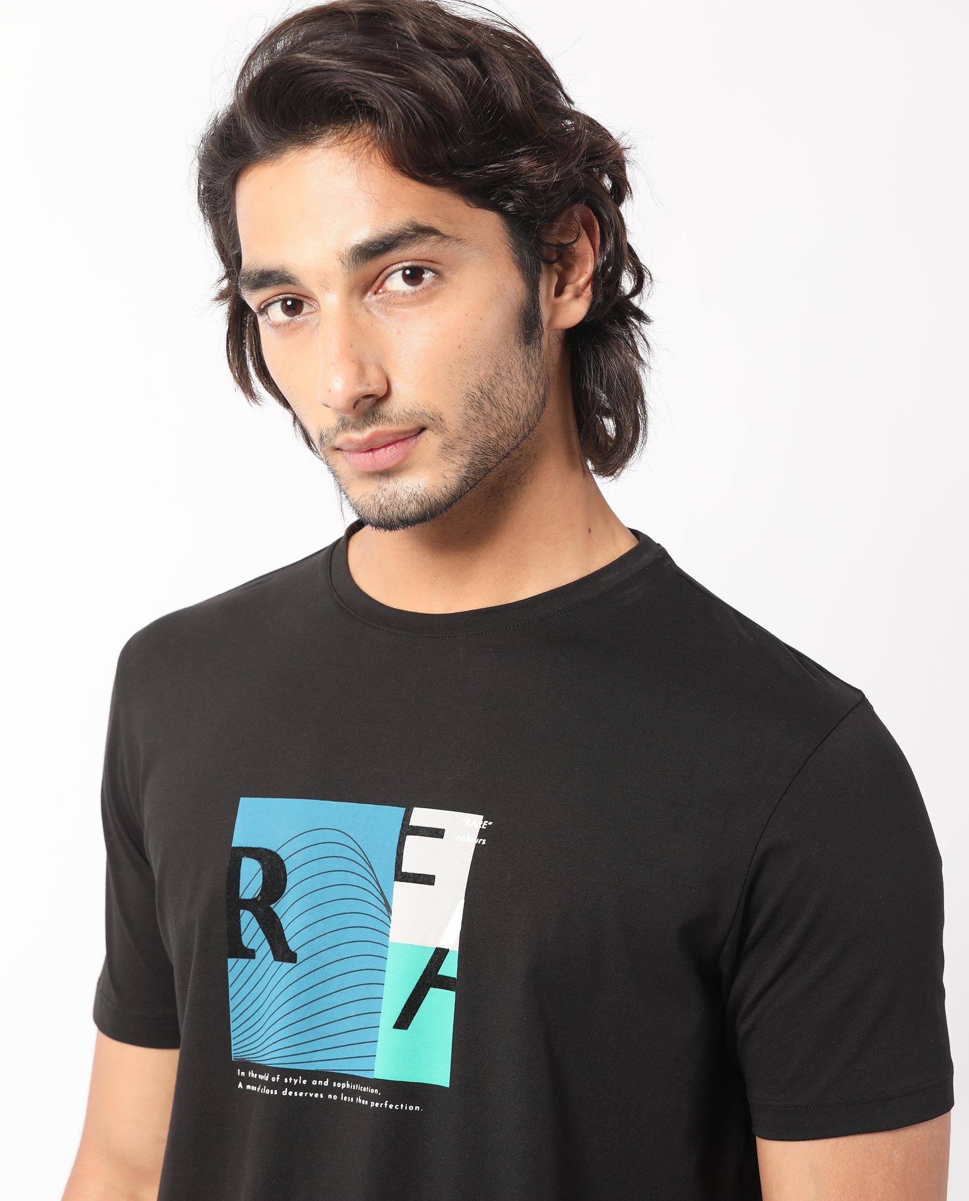 Rare Rabbit Men's Salta Black Crew Neck Half Sleeves Regular Fit Flock Branding Graphic Print T-Shirt