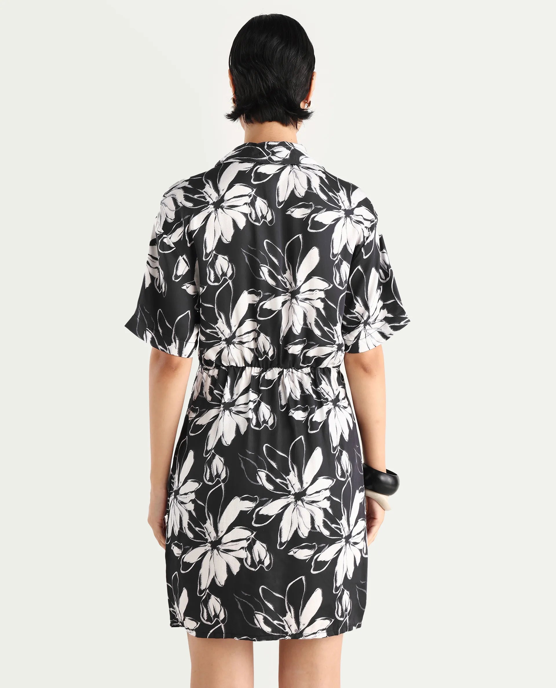 Rareism Women's Saltillo Black Cotton Blend Drop Collar Floral Print Mini Regular Fit Dress