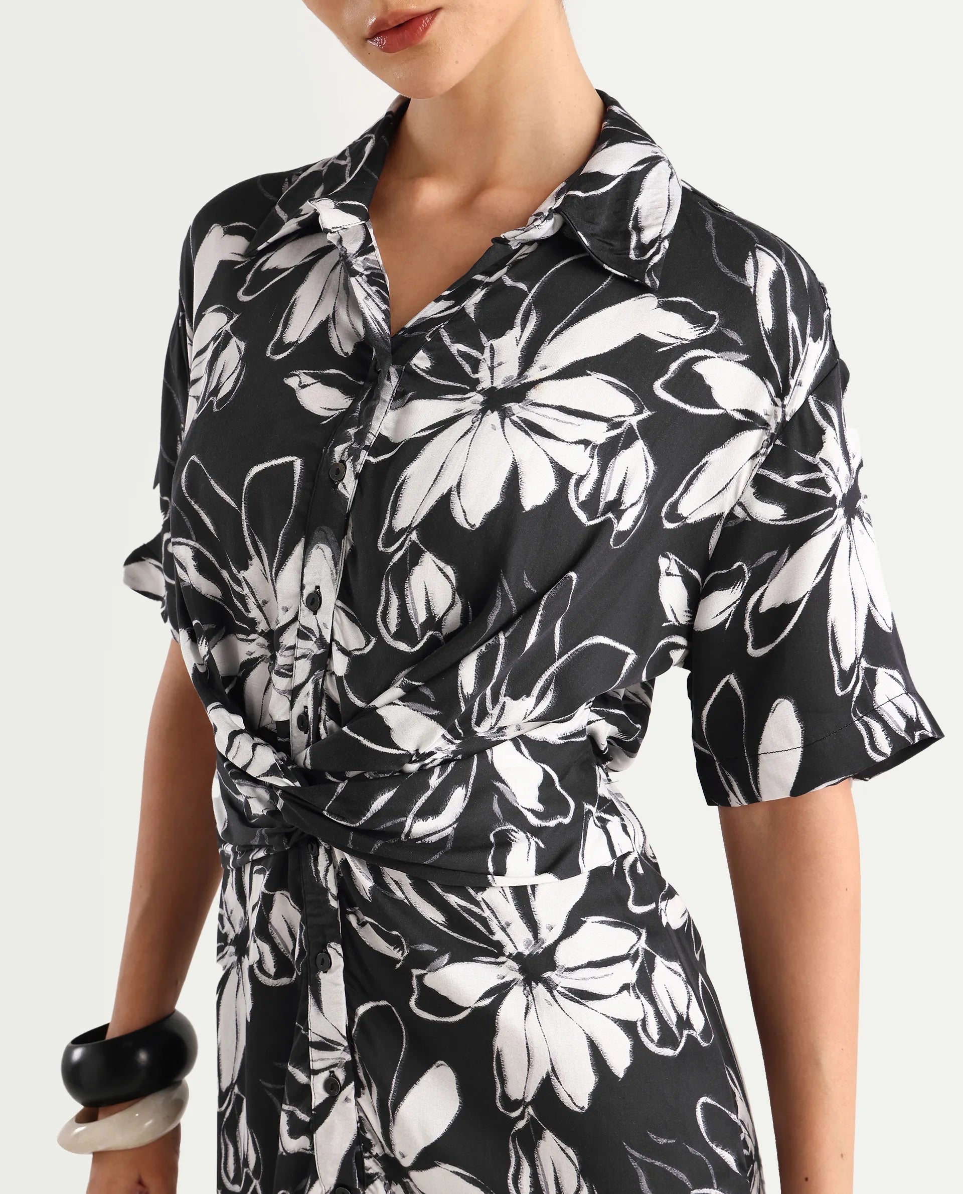 Rareism Women's Saltillo Black Cotton Blend Drop Collar Floral Print Mini Regular Fit Dress