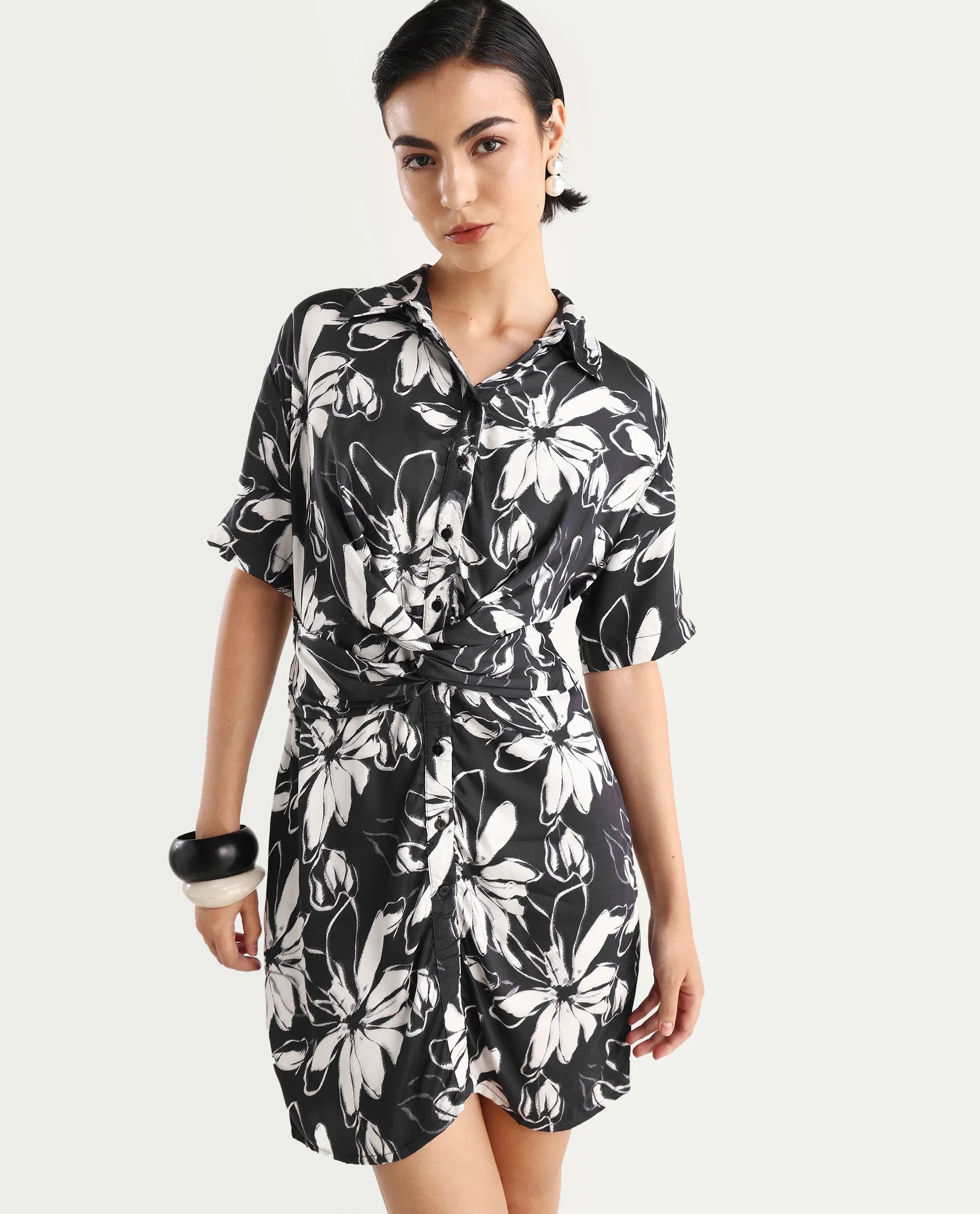 Rareism Women's Saltillo Black Cotton Blend Drop Collar Floral Print Mini Regular Fit Dress