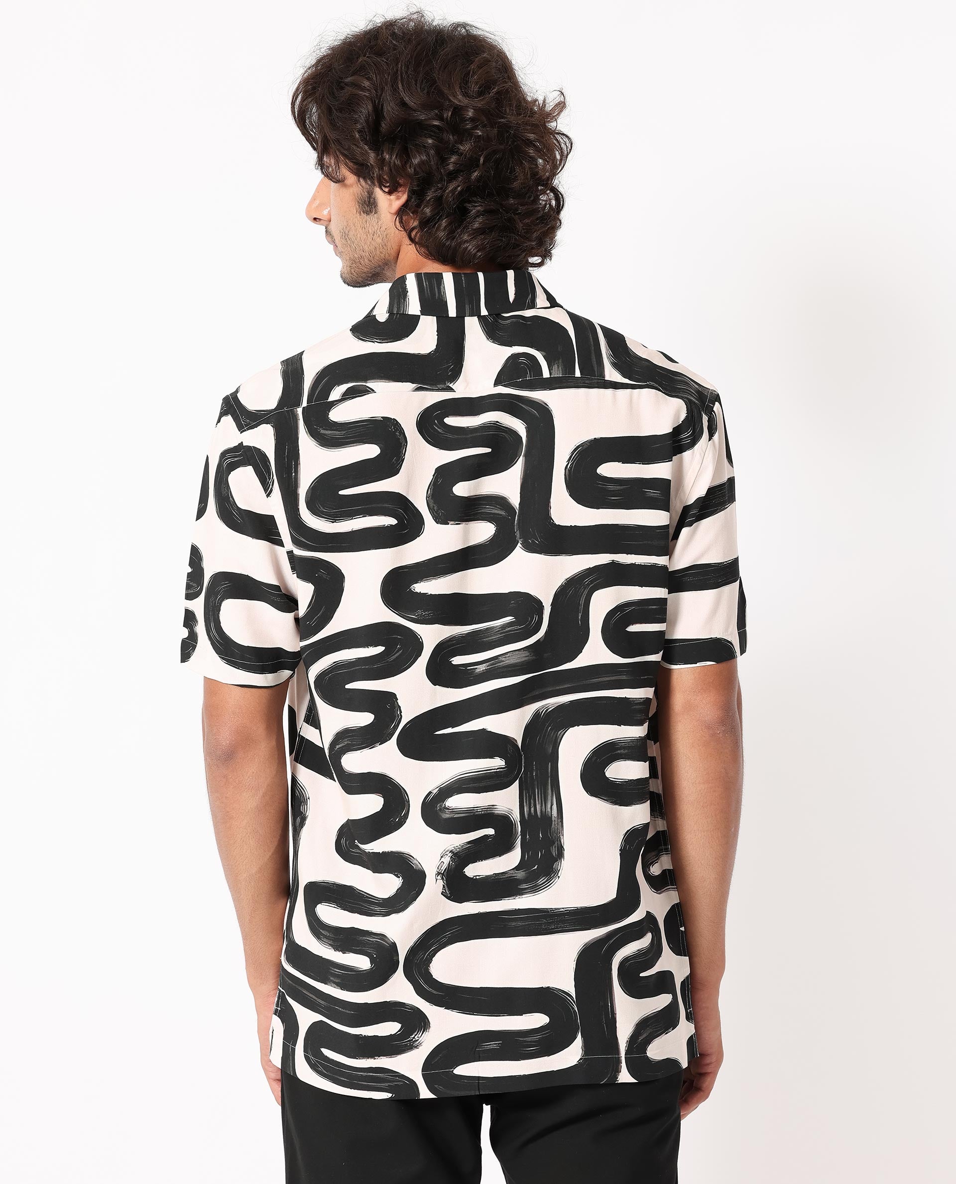 Rare Rabbit Men's Salto Beige Viscose Fabric Cuban Collar Abstract Print Half Sleeves Shirt