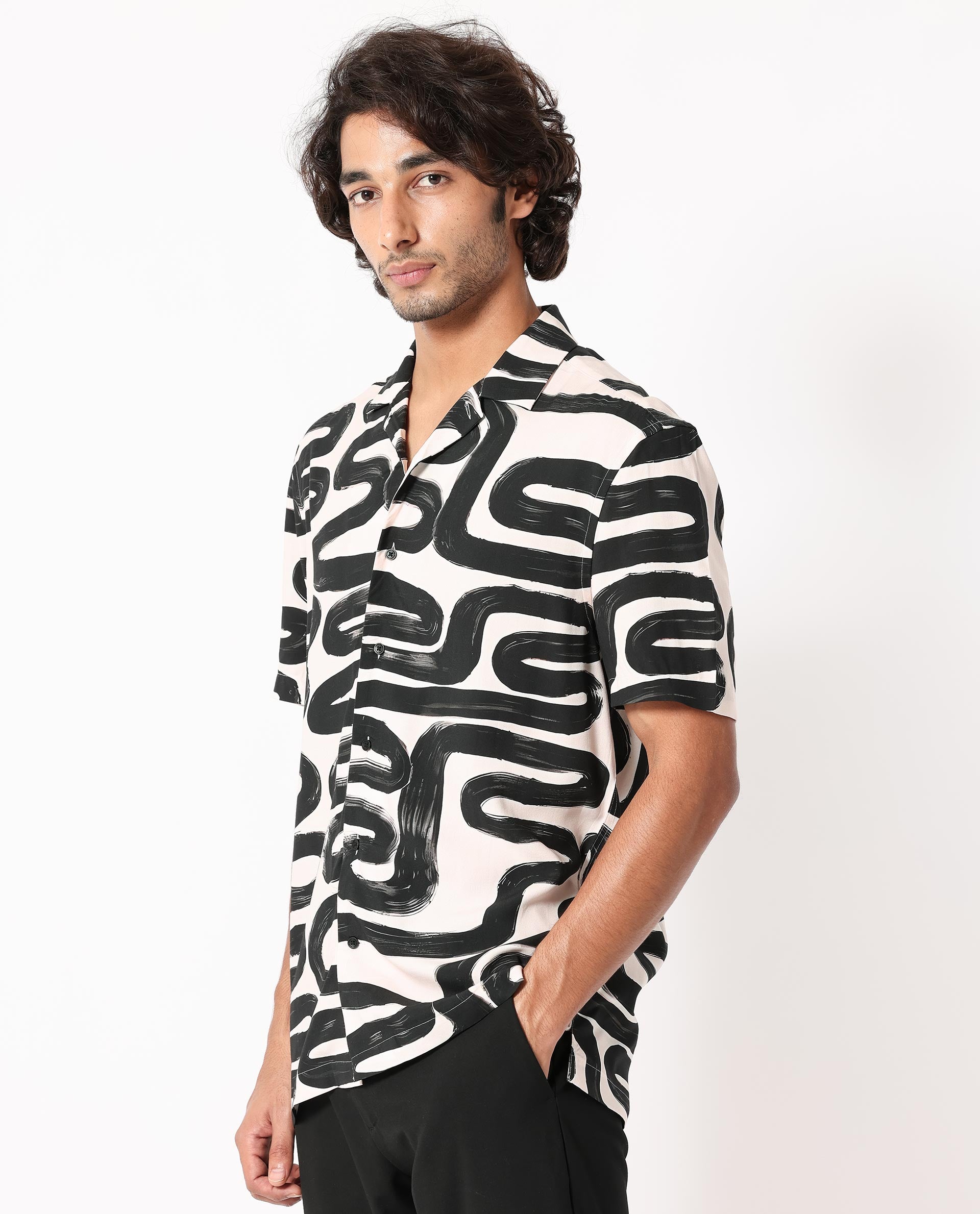 Rare Rabbit Men's Salto Beige Viscose Fabric Cuban Collar Abstract Print Half Sleeves Shirt