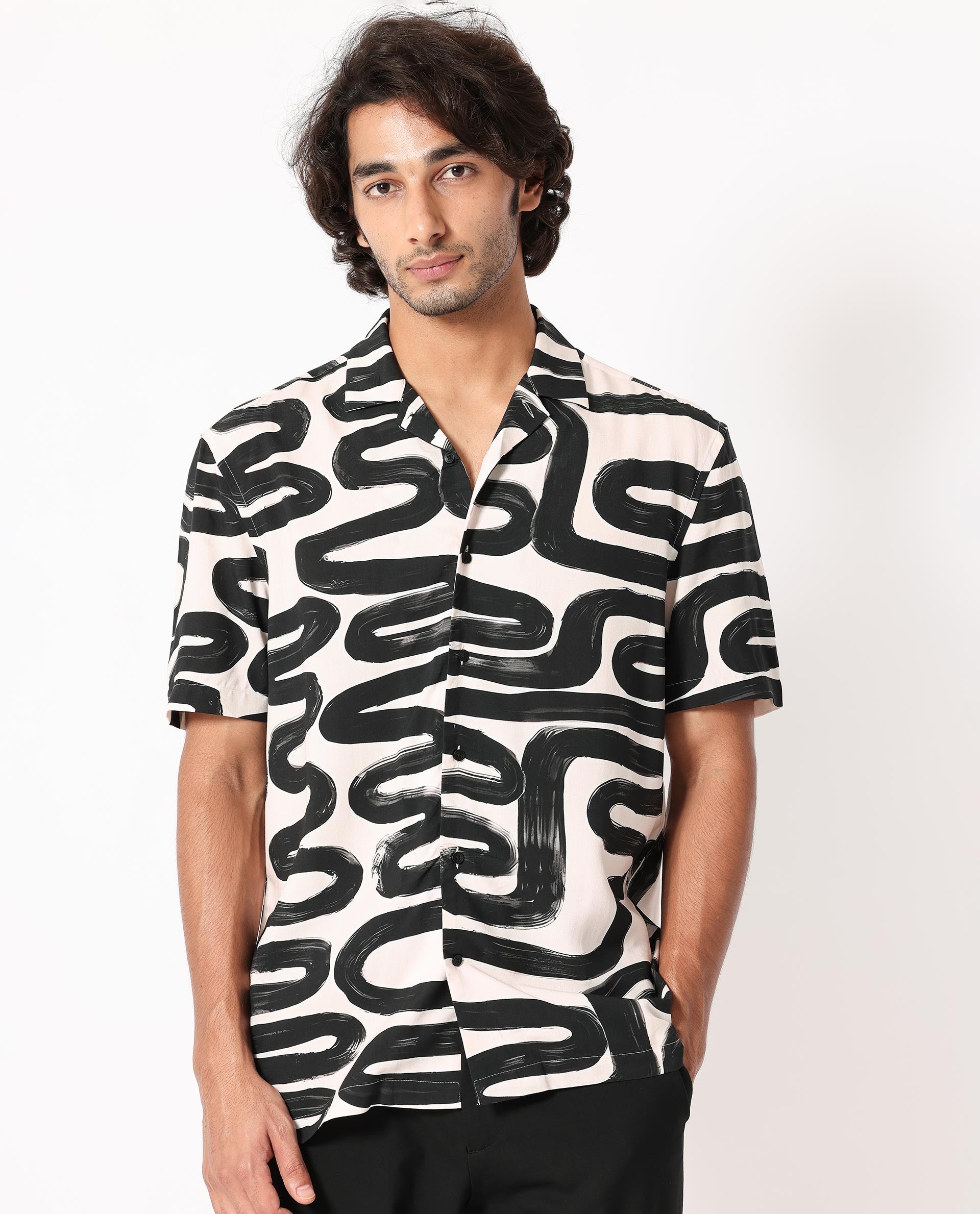 Rare Rabbit Men's Salto Beige Viscose Fabric Cuban Collar Abstract Print Half Sleeves Shirt