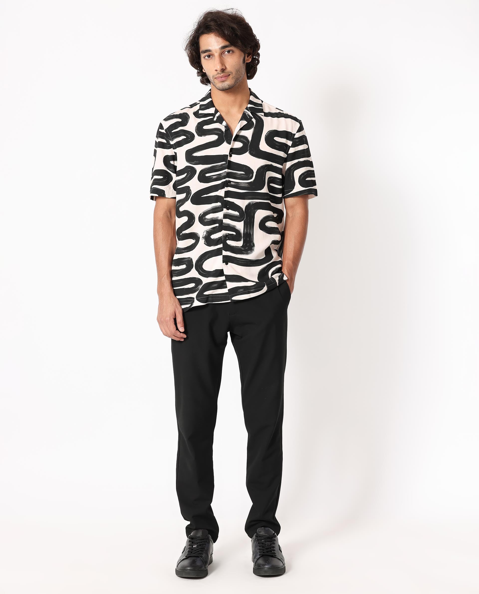 Rare Rabbit Men's Salto Beige Viscose Fabric Cuban Collar Abstract Print Half Sleeves Shirt