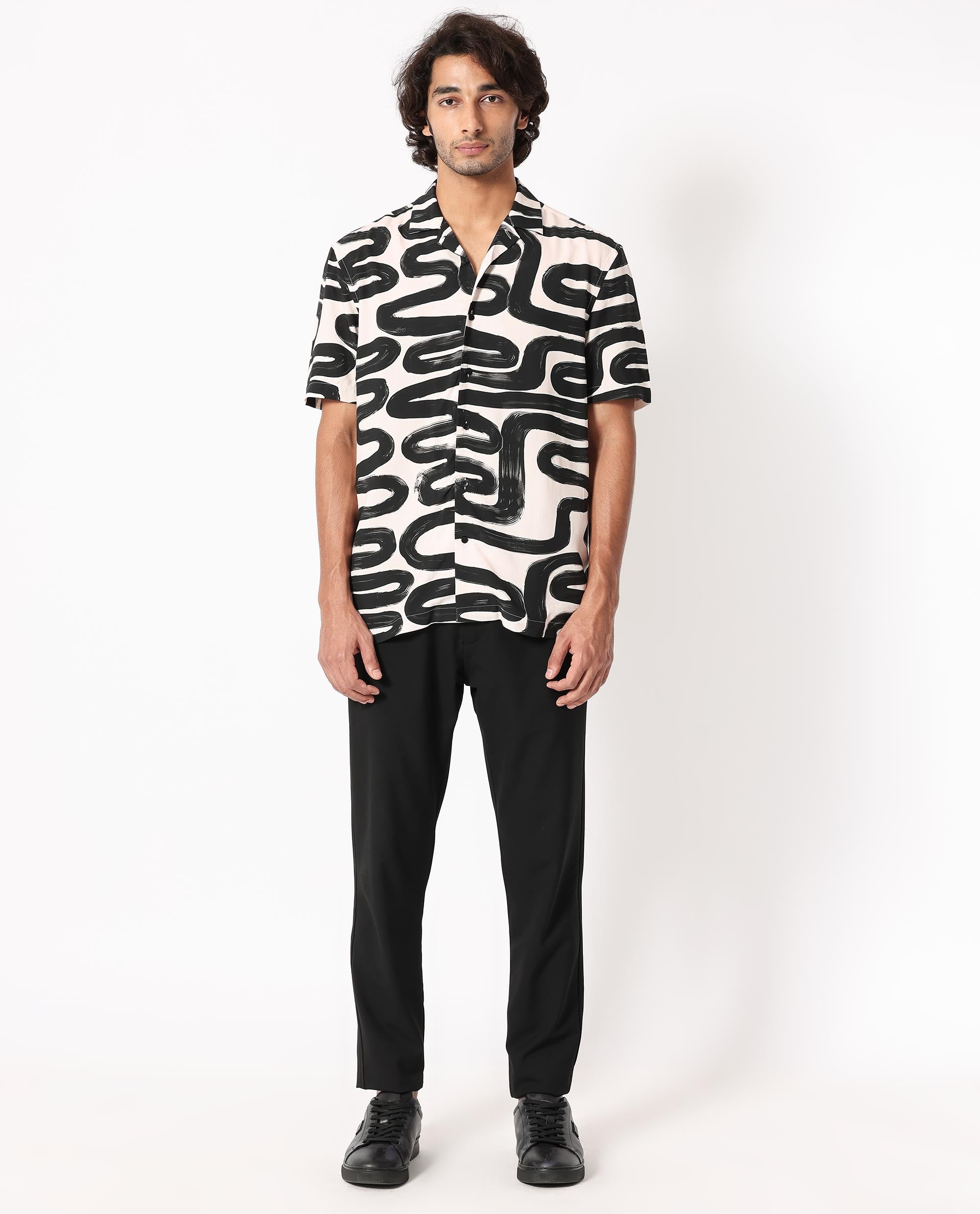 Rare Rabbit Men's Salto Beige Viscose Fabric Cuban Collar Abstract Print Half Sleeves Shirt