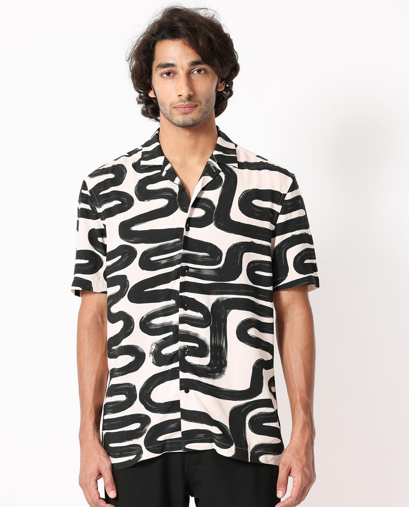 Rare Rabbit Men's Salto Beige Viscose Fabric Cuban Collar Abstract Print Half Sleeves Shirt