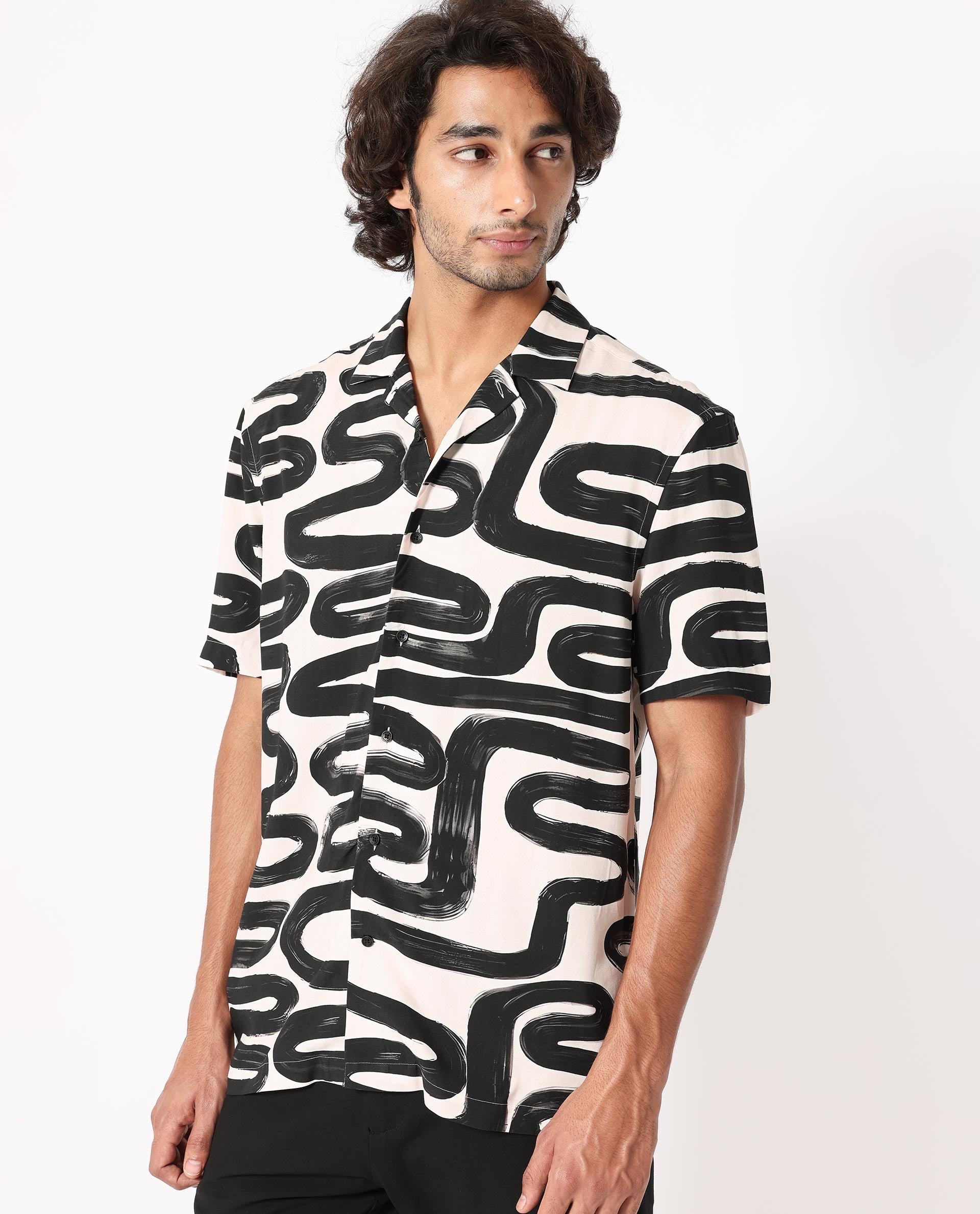 Rare Rabbit Men's Salto Beige Viscose Fabric Cuban Collar Abstract Print Half Sleeves Shirt