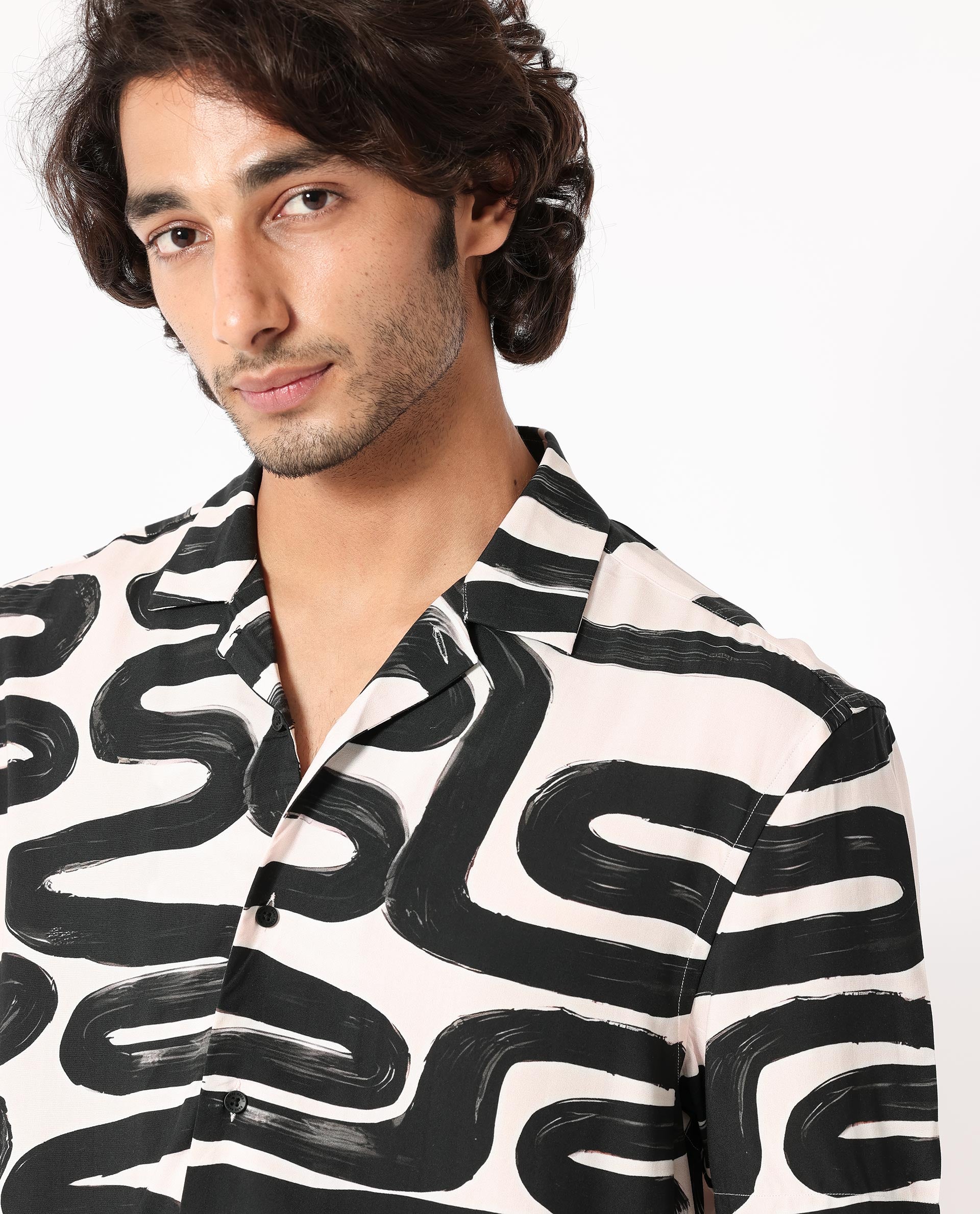 Rare Rabbit Men's Salto Beige Viscose Fabric Cuban Collar Abstract Print Half Sleeves Shirt