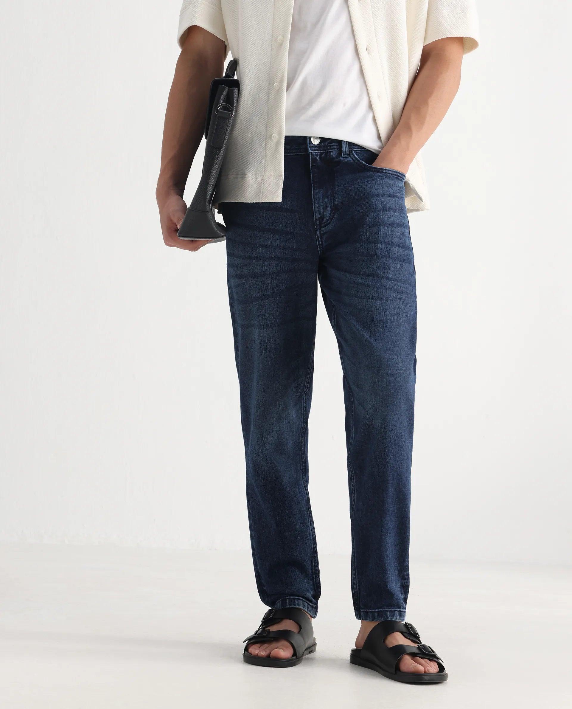 Rare Rabbit Men's Sam-2 Dusky Blue Cotton Plain Kurt Carrot Fit Jeans