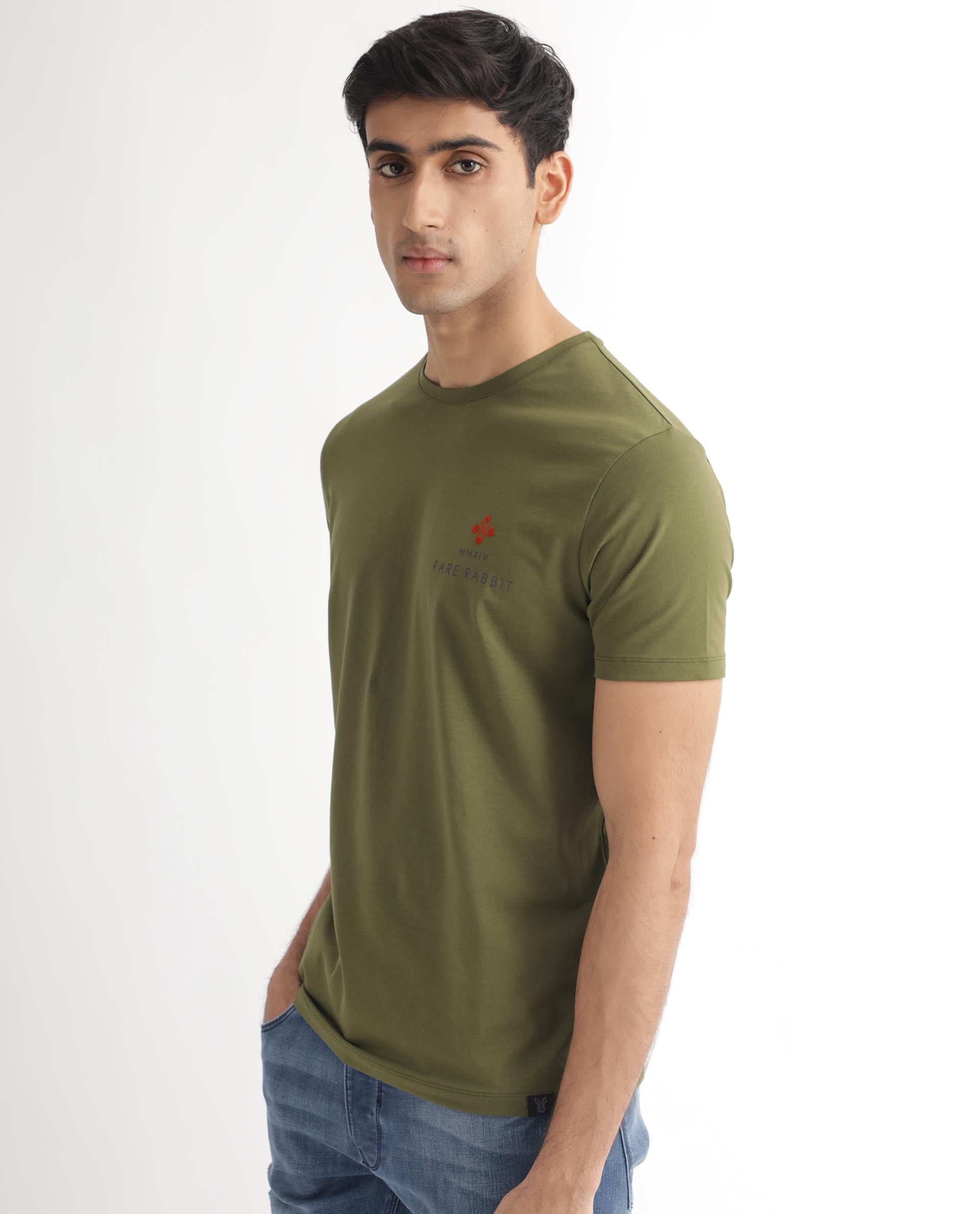 Rare Rabbit Men's Castel Green Crew Neck Graphic Print Branded Half Sleeves T-Shirt