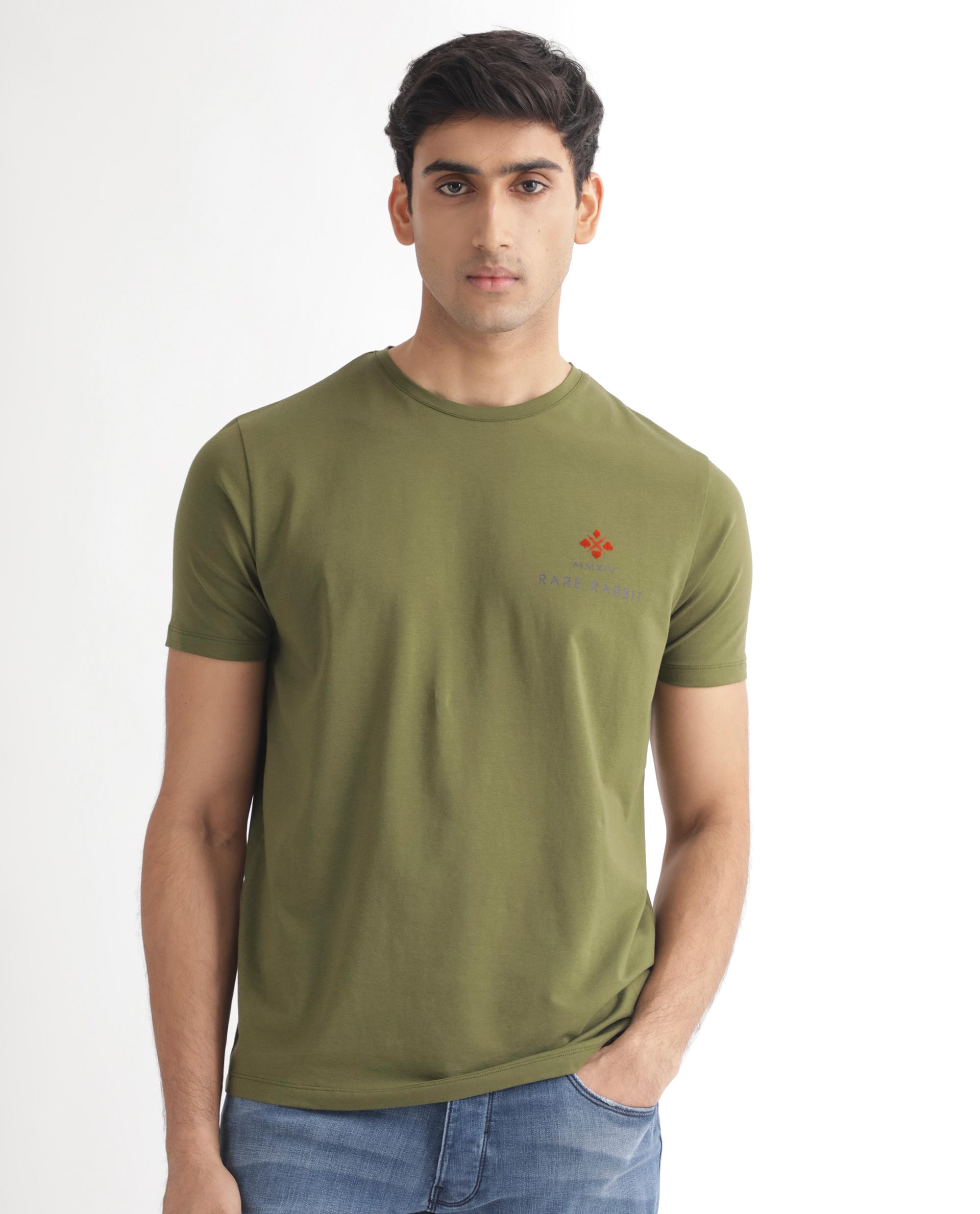 Rare Rabbit Men's Castel Green Crew Neck Graphic Print Branded Half Sleeves T-Shirt
