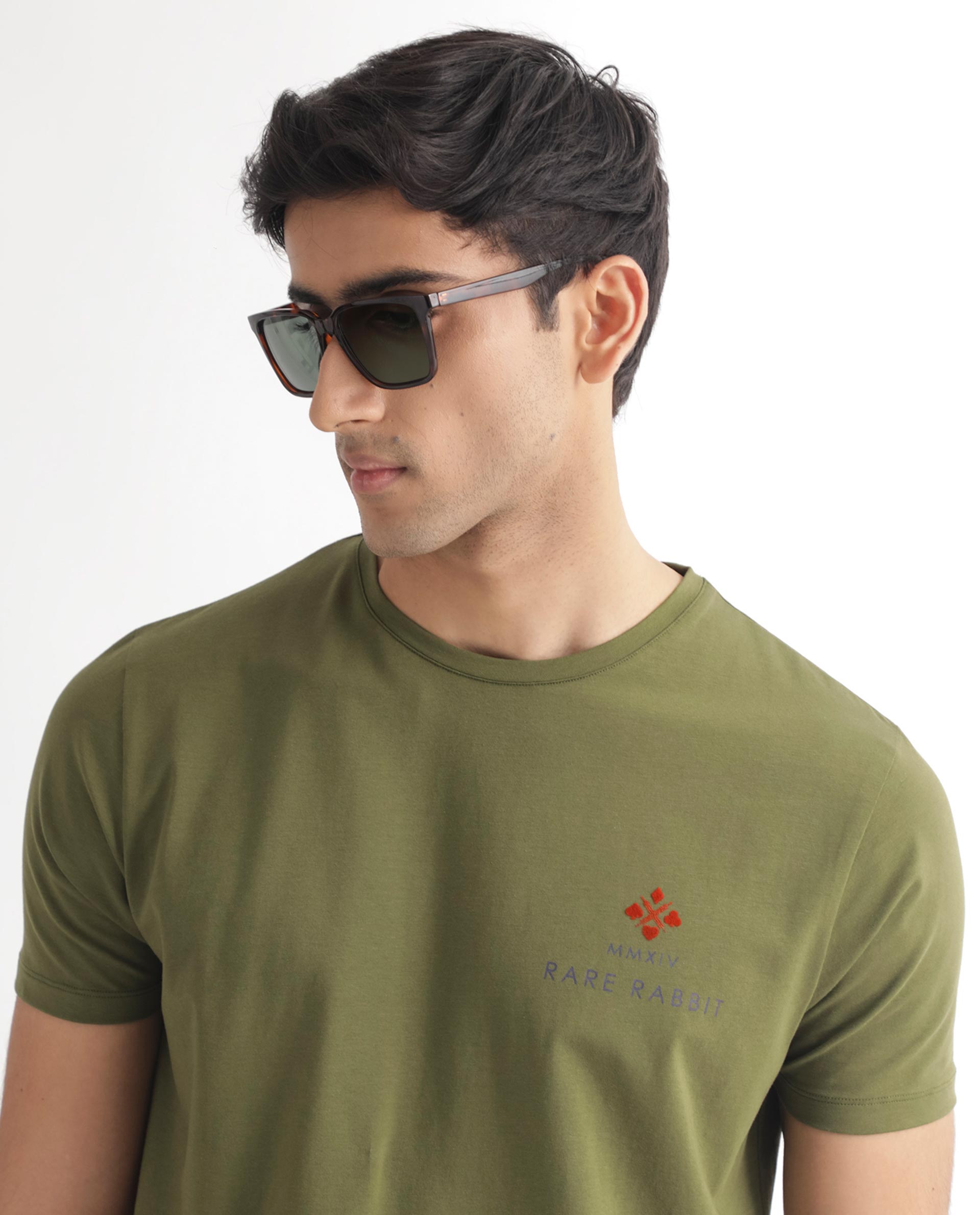 Rare Rabbit Men's Castel Green Crew Neck Graphic Print Branded Half Sleeves T-Shirt