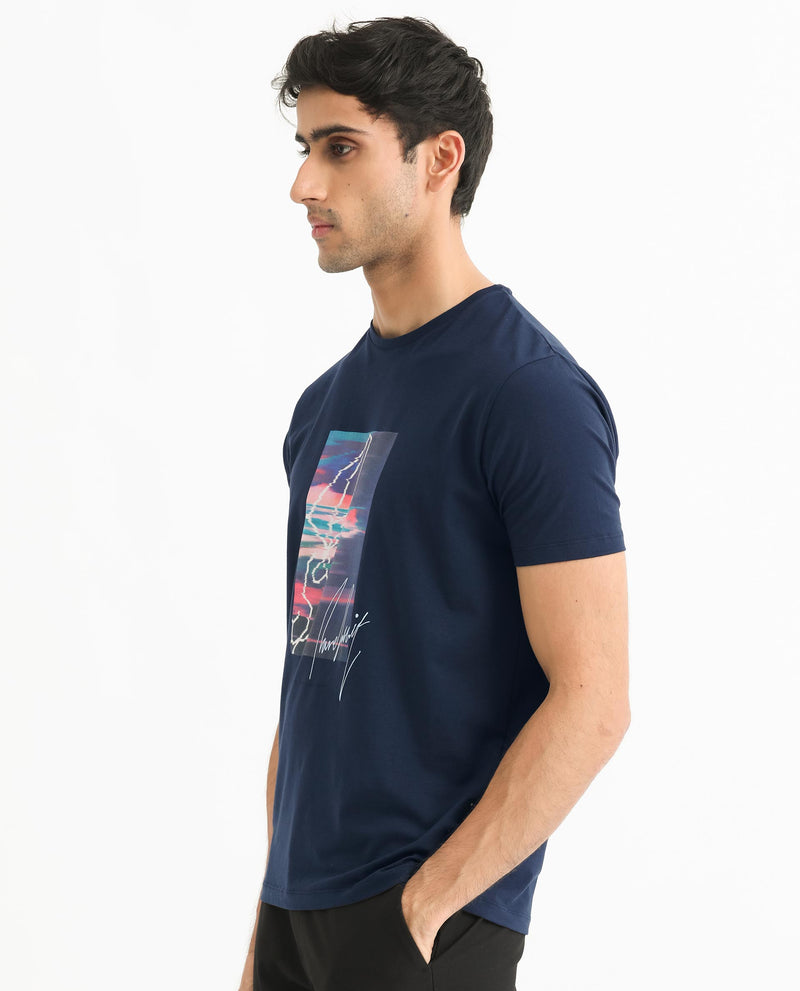 Rare Rabbit Men's Sam Navy Crew Neck Graphic Printed Half Sleeves Slim Fit T-Shirt