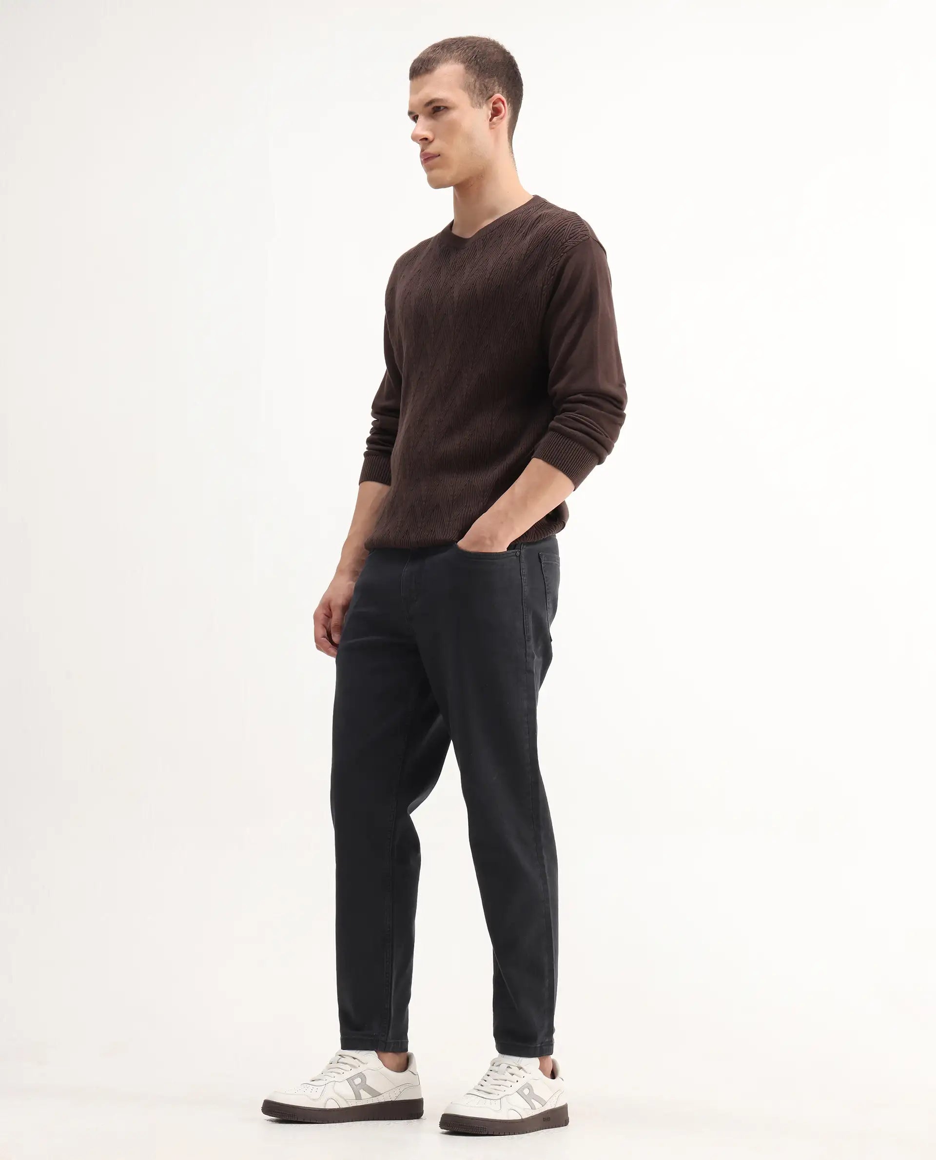 Rare Rabbit Men's Sam-2 Black Cotton Plain Kurt Carrot Fit Jeans