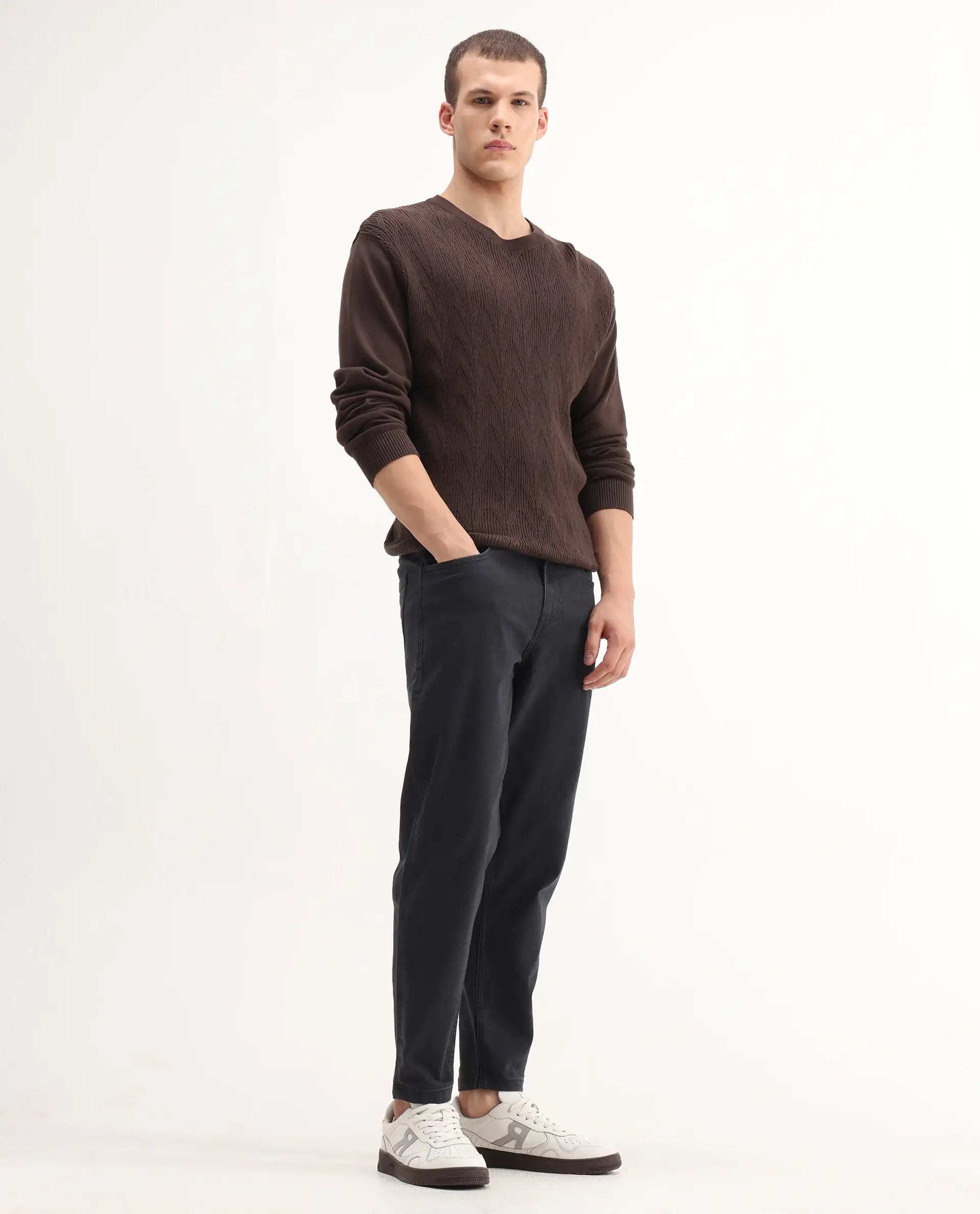 Rare Rabbit Men's Sam-2 Black Cotton Plain Kurt Carrot Fit Jeans