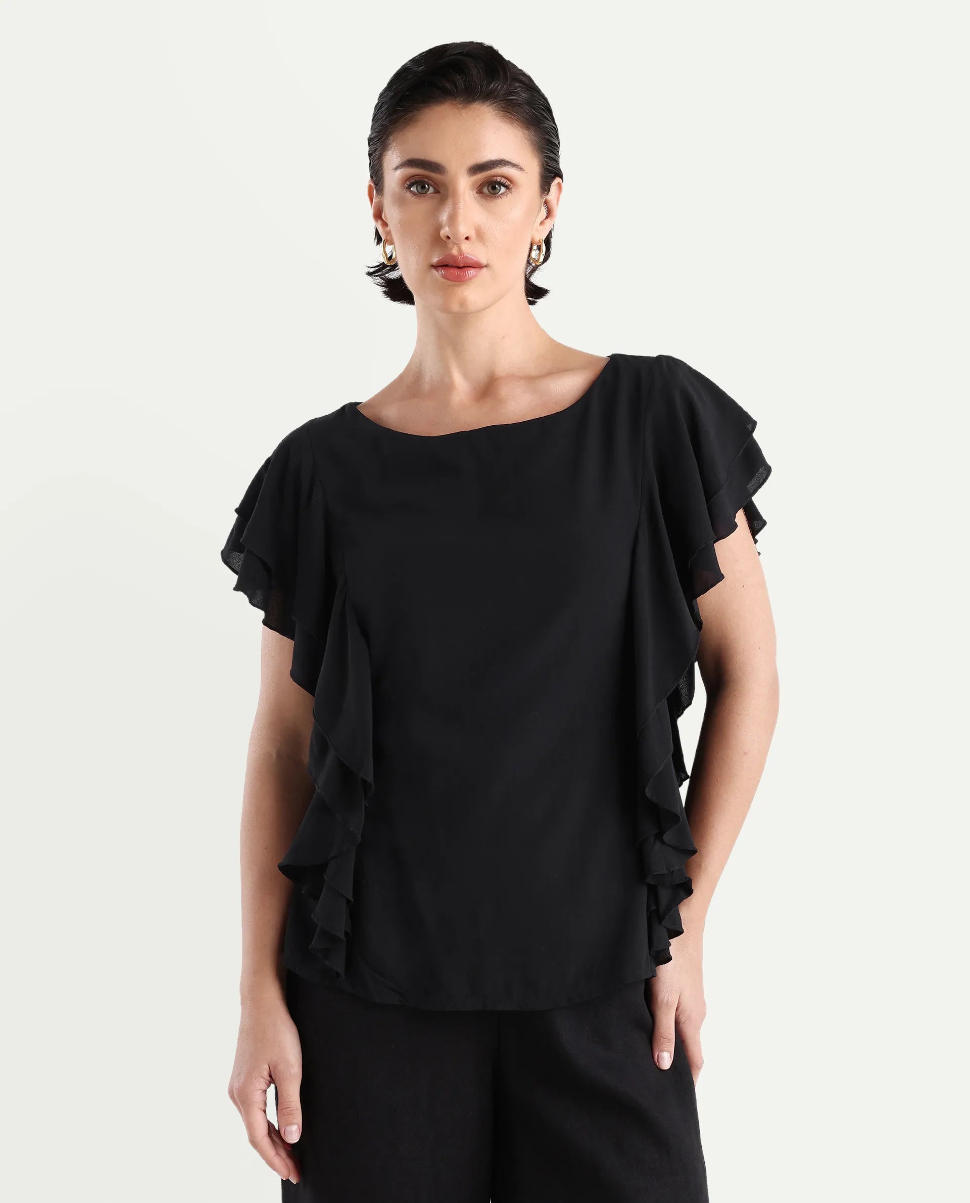 Rareism Women's Samal Black Viscose Blend Boat Neck Plain Ruffled Sleeve Regular Fit Top