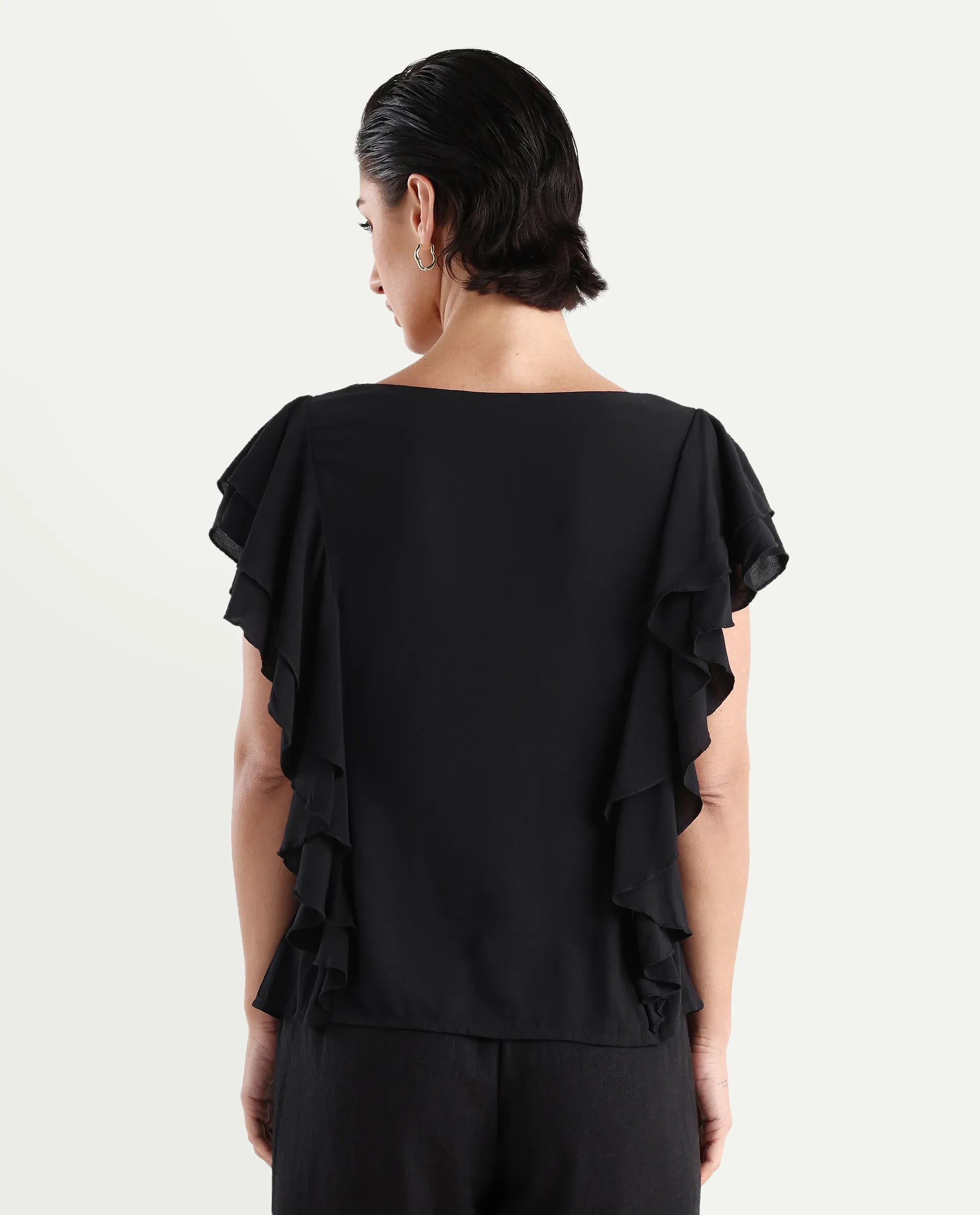 Rareism Women's Samal Black Viscose Blend Boat Neck Plain Ruffled Sleeve Regular Fit Top