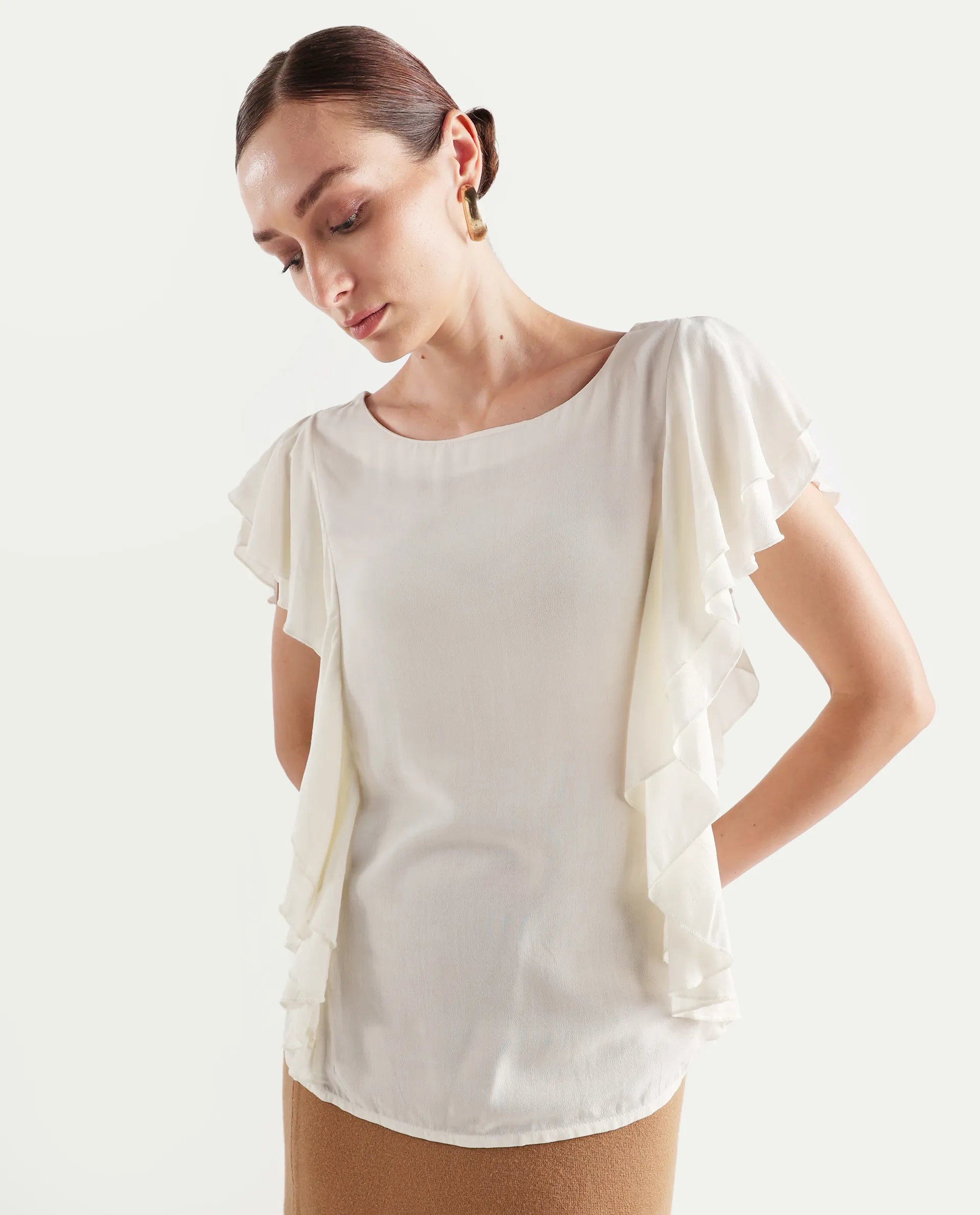 Rareism Women's Samal Off White Viscose Blend Boat Neck Plain Ruffled Sleeve Regular Fit Top