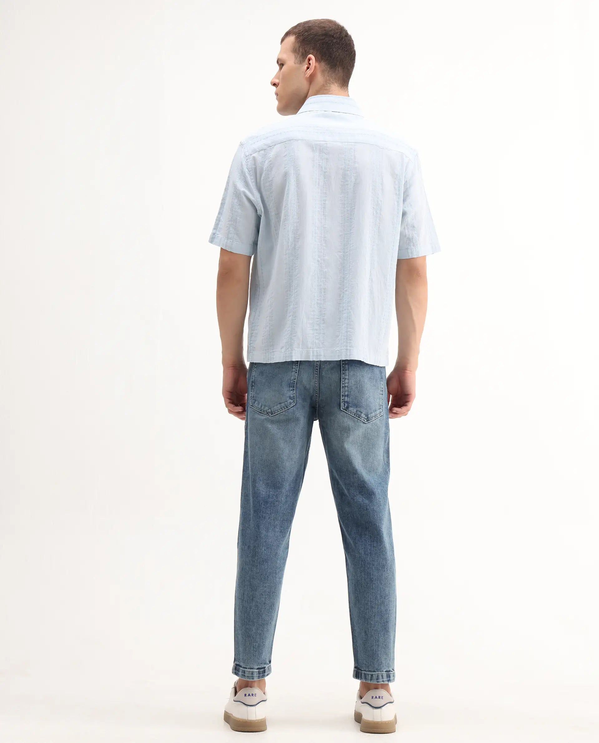 Rare Rabbit Men's Sam Blue Cotton Plain Kurt Carrot Fit Jeans