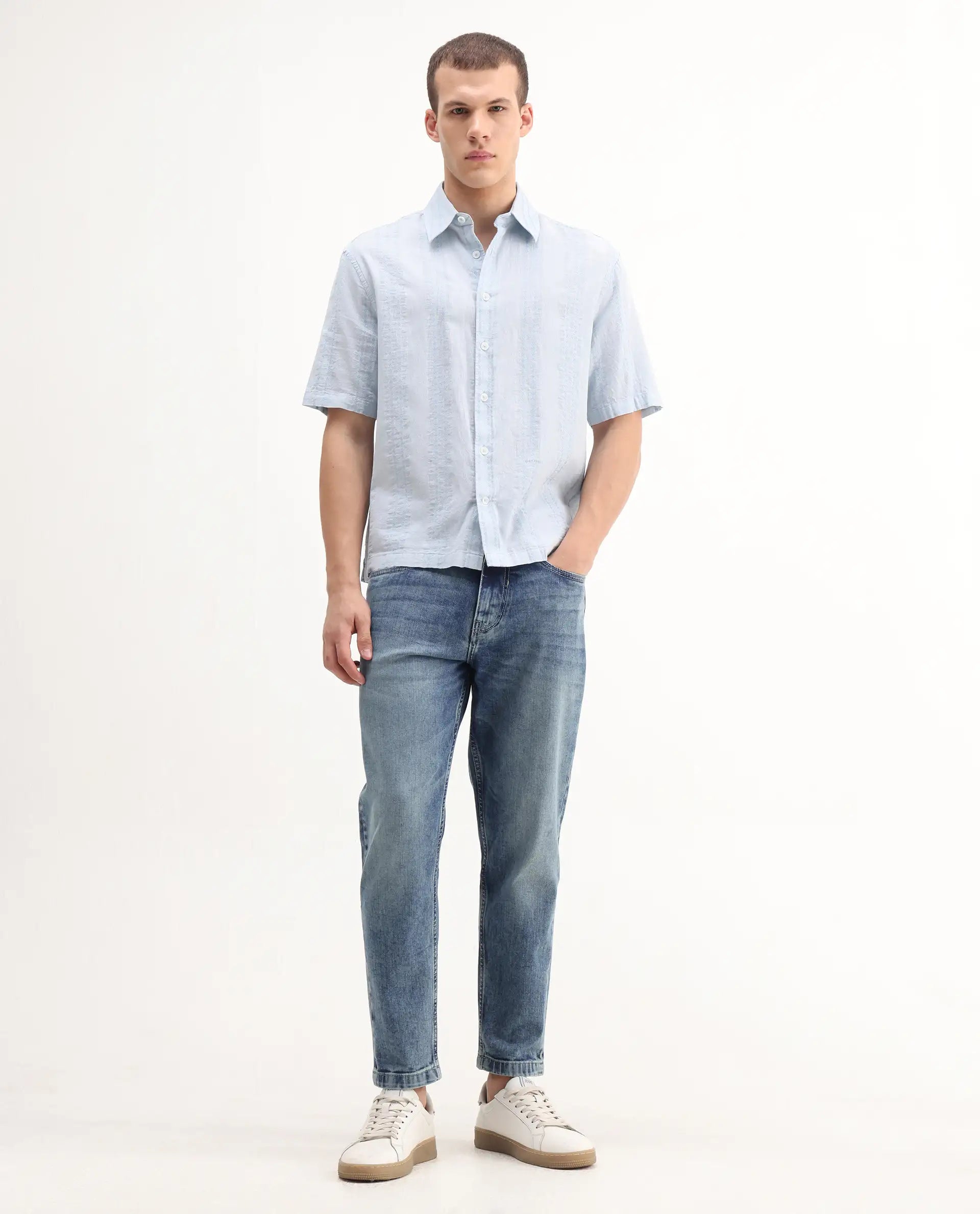 Rare Rabbit Men's Sam Blue Cotton Plain Kurt Carrot Fit Jeans