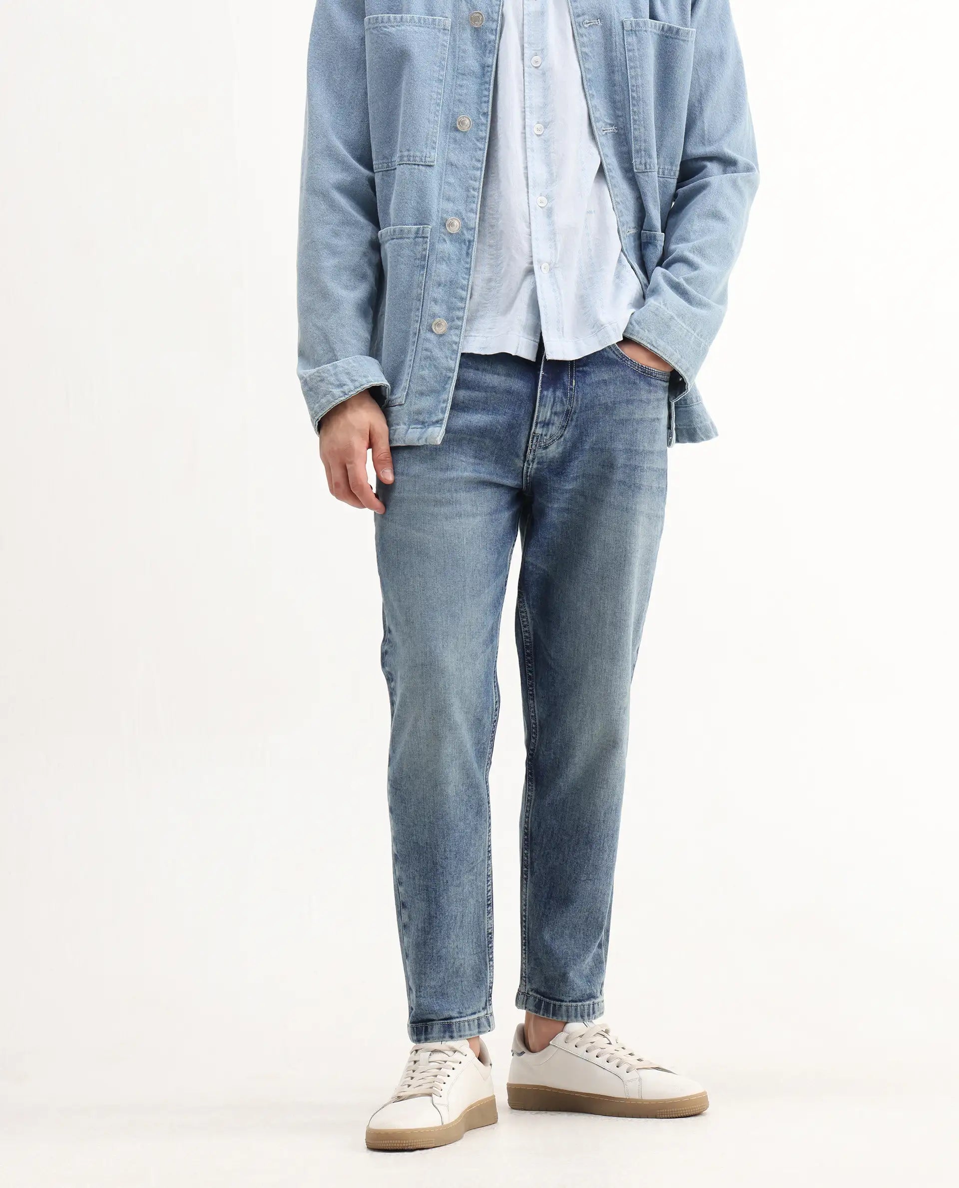 Rare Rabbit Men's Sam Blue Cotton Plain Kurt Carrot Fit Jeans